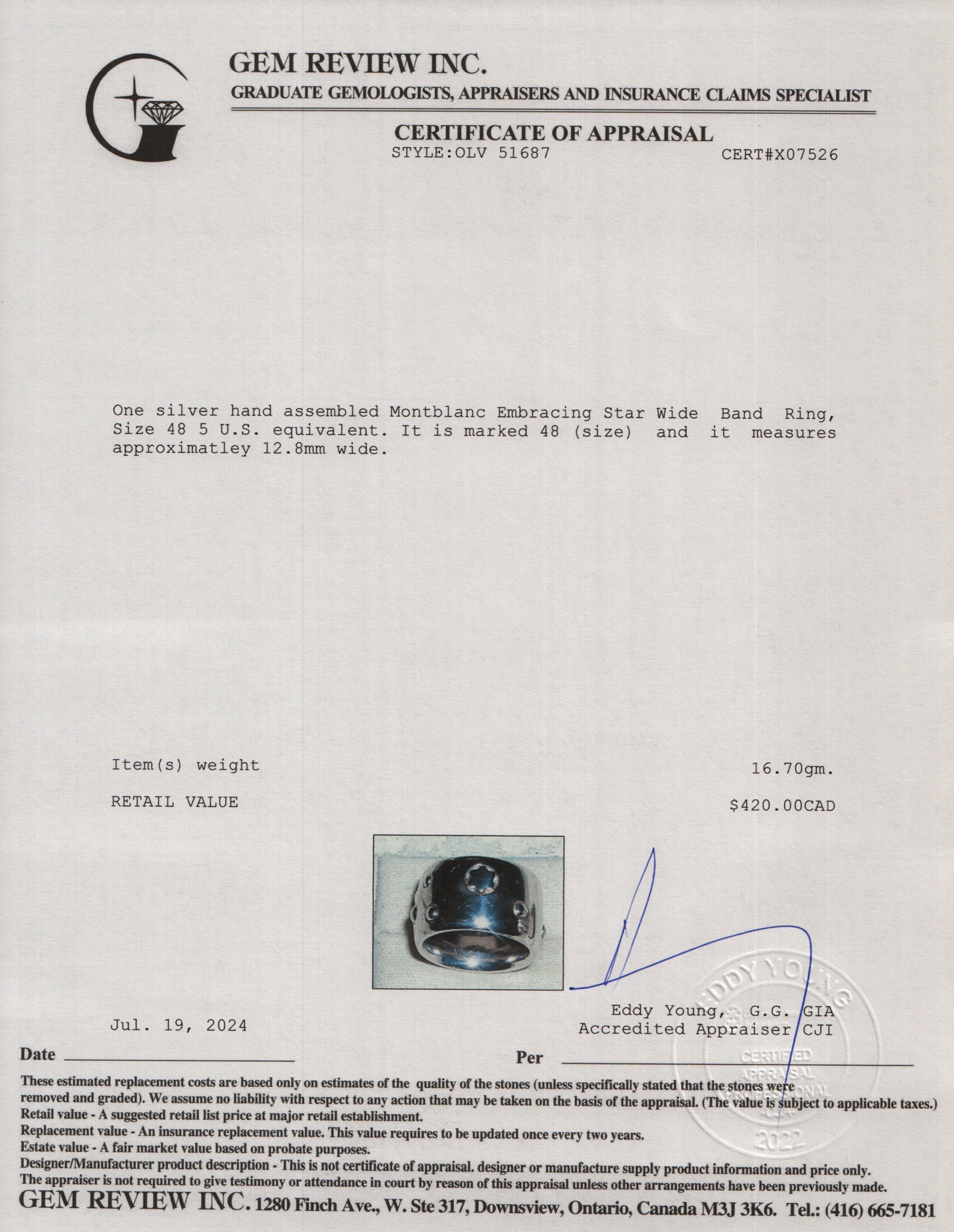 Montblanc Sterling Silver Embracing Star Wide Band Ring, Size 48 5