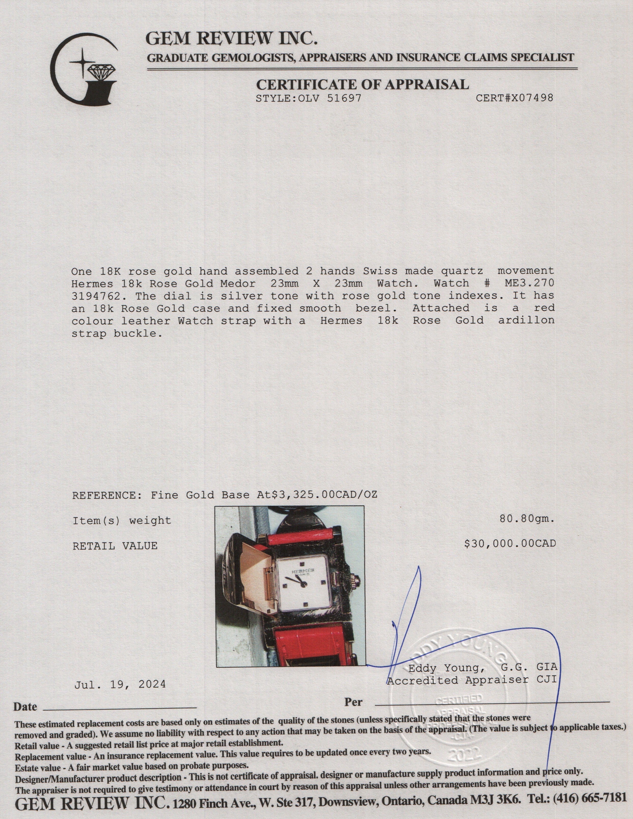 Hermes 18k Rose Gold Medor Watch w/ Box