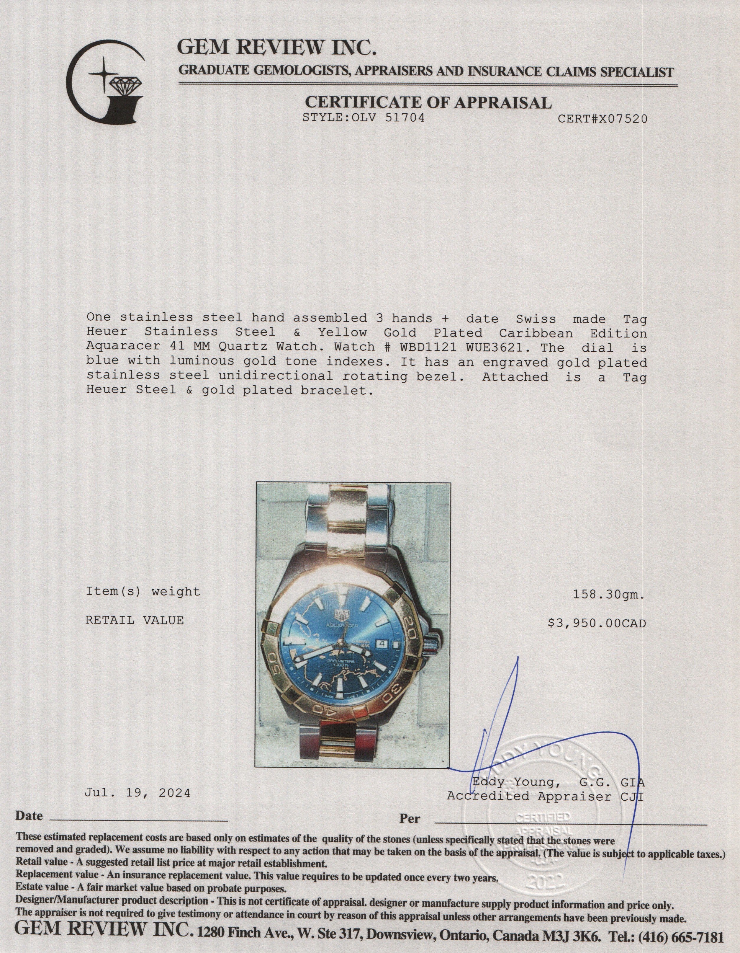 Tag Heuer Stainless Steel & Yellow Gold Plated Caribbean Edition Aquaracer 41 MM Quartz Watch WBD1121 w/ Box & Papers