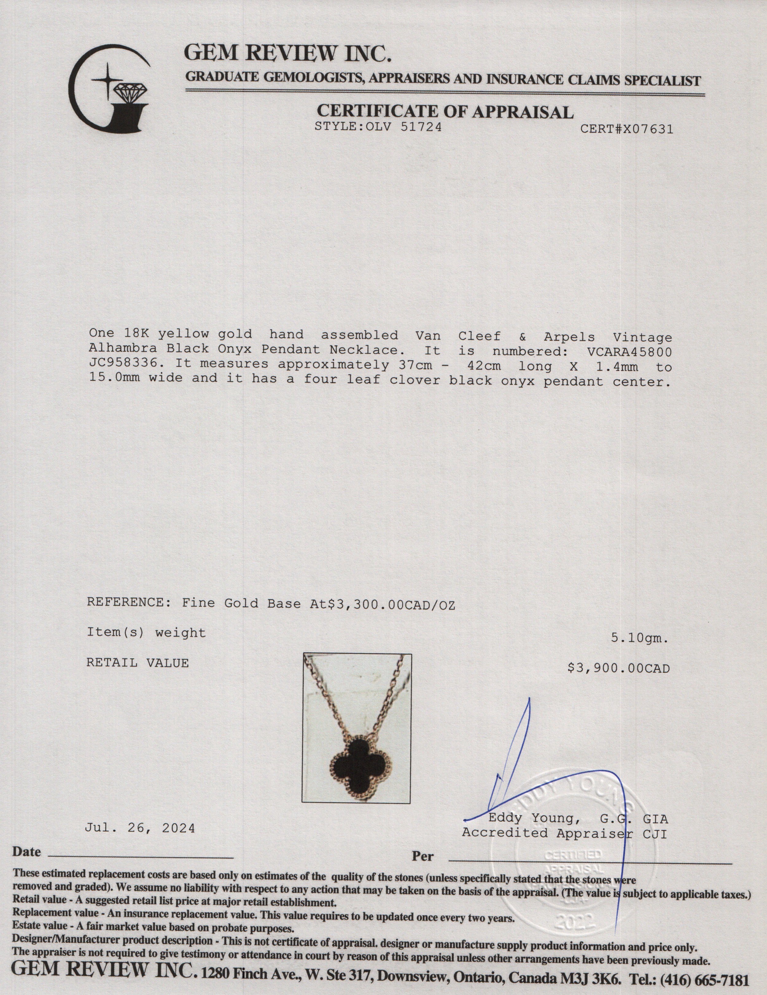 Van Cleef & Arpels 18k Yellow Gold Vintage Alhambra Black Onyx Pendant Necklace w/ Receipt & Certificate