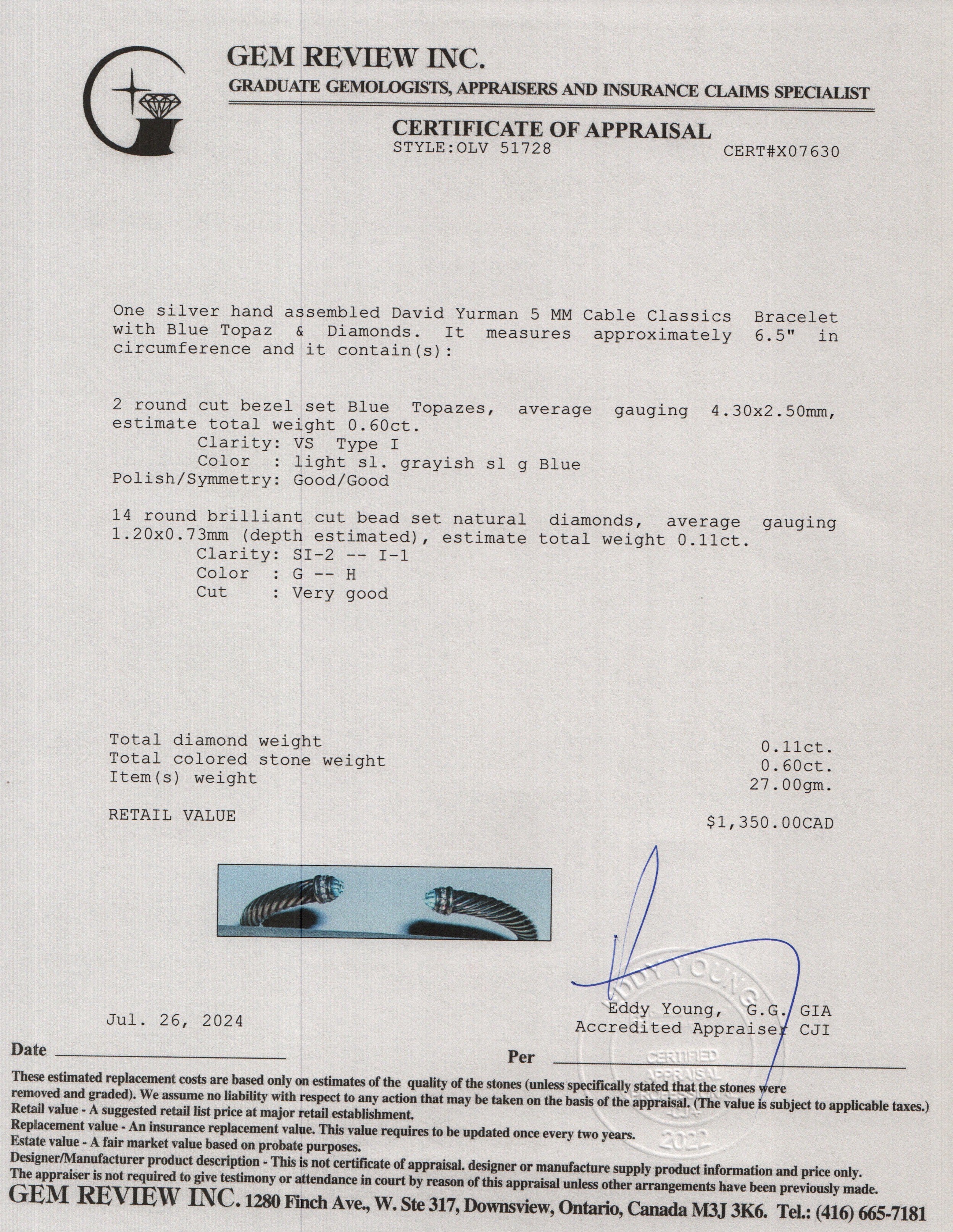 David Yurman Sterling Silver 5 MM Cable Classics Bracelet with Blue Topaz & Diamonds