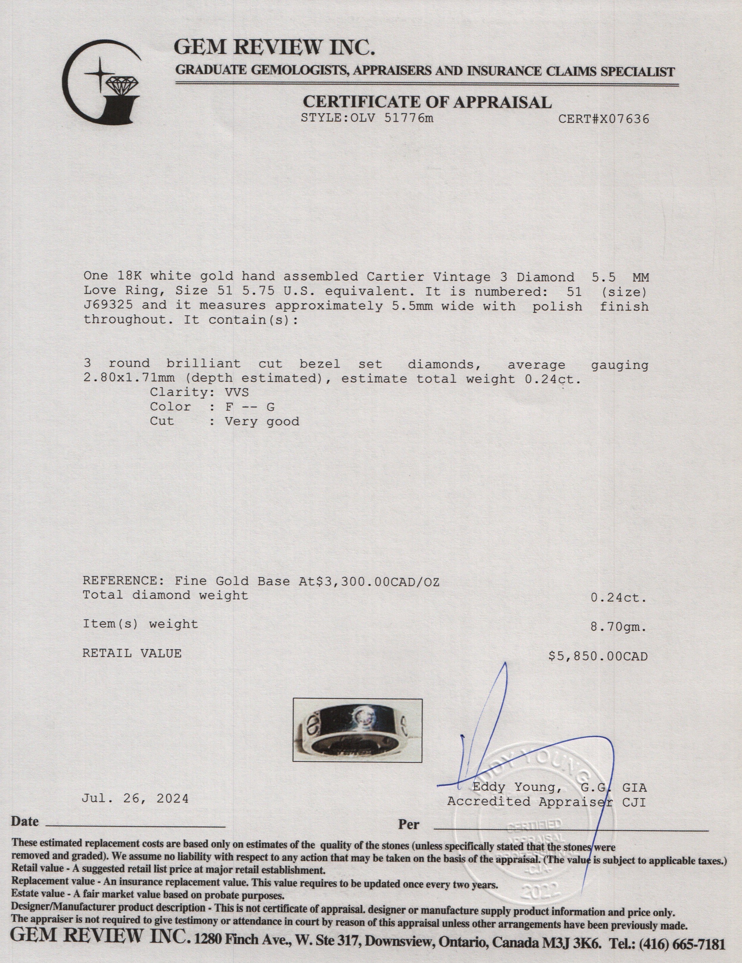 Cartier Vintage 18k White Gold 3 Diamond 5.5 MM Love Ring, Size 51 5.75