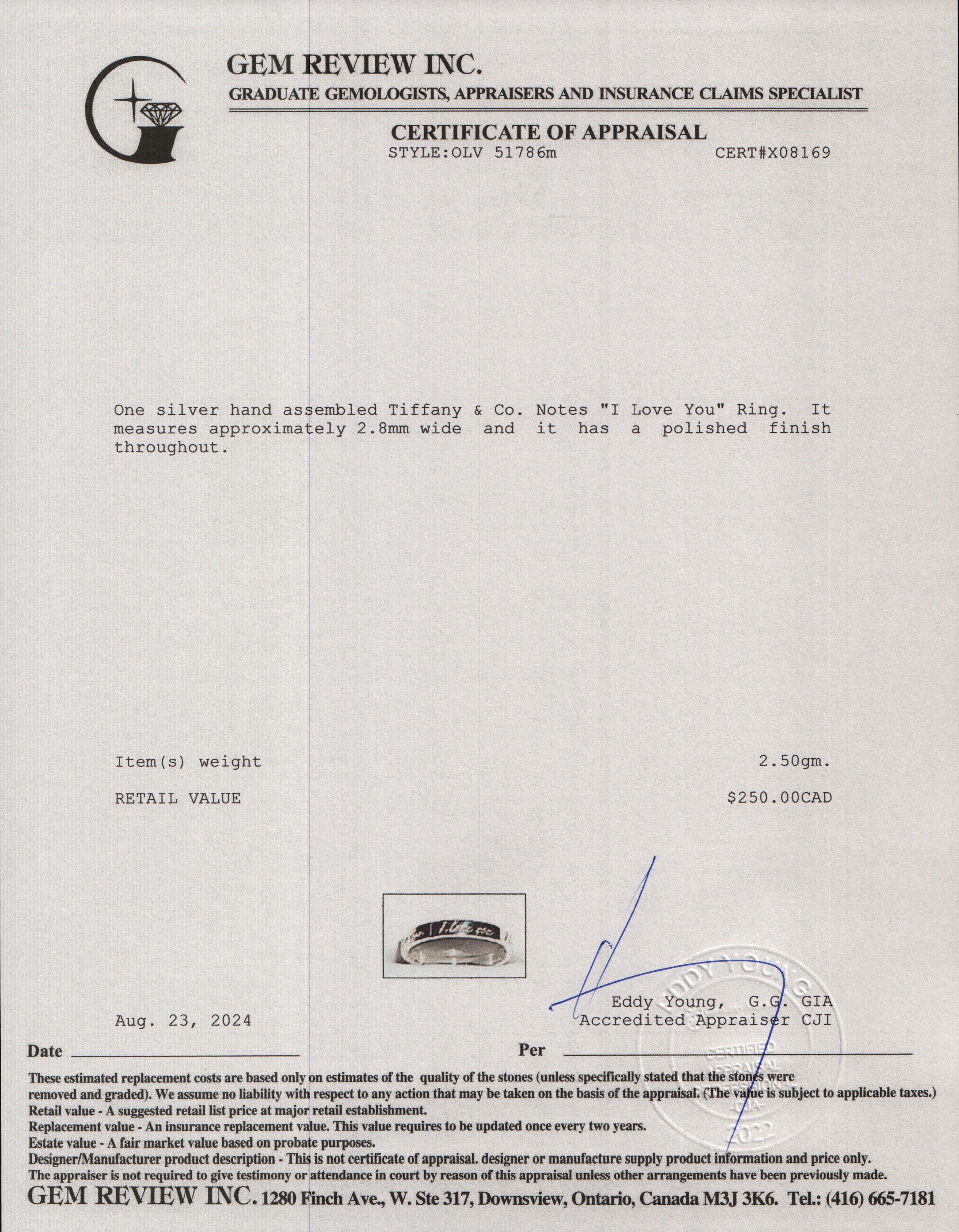 Tiffany & Co. Sterling Silver Notes "I Love You" Ring, Size 6