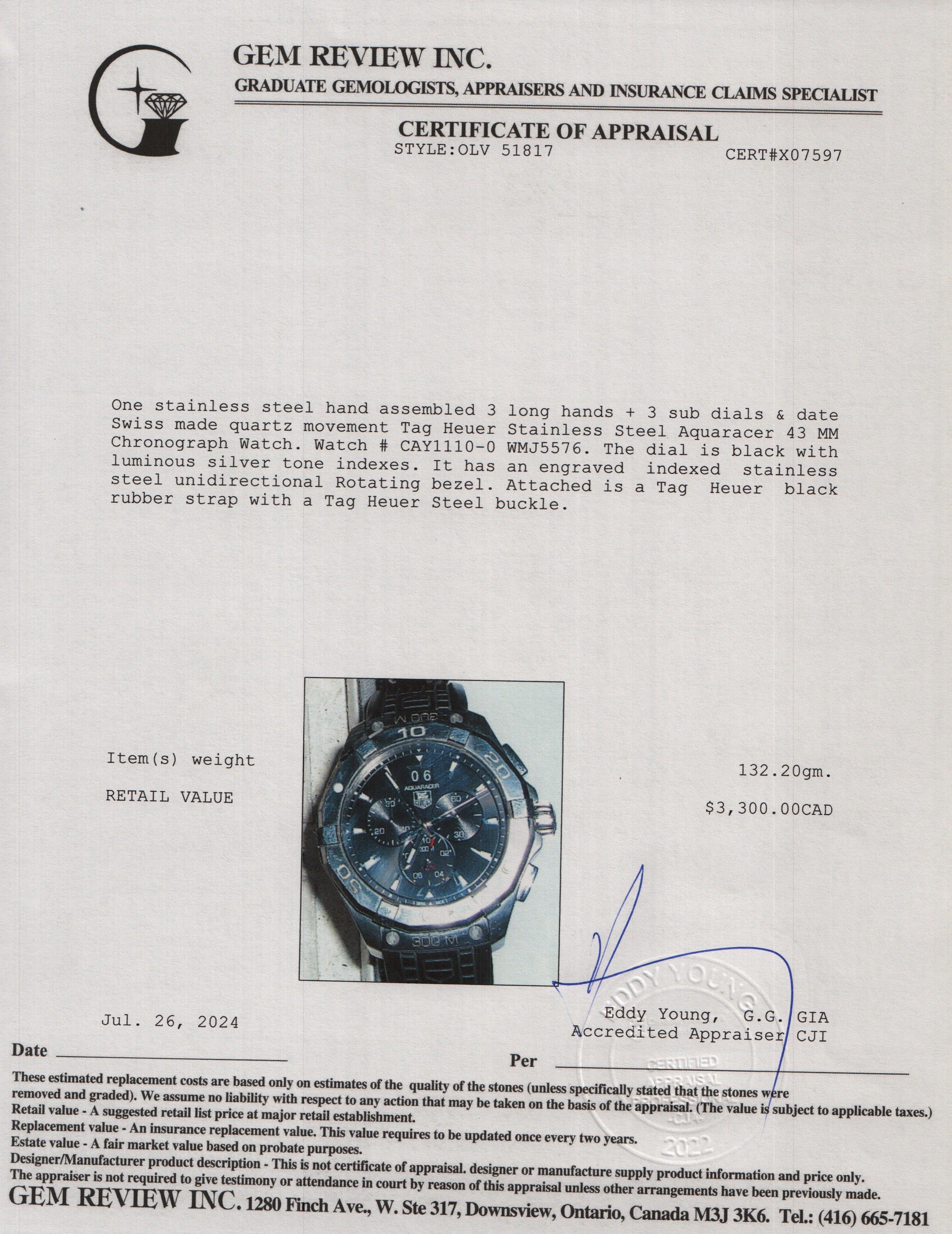 Tag Heuer Stainless Steel Aquaracer 43 MM Chronograph Watch CAY1110-0