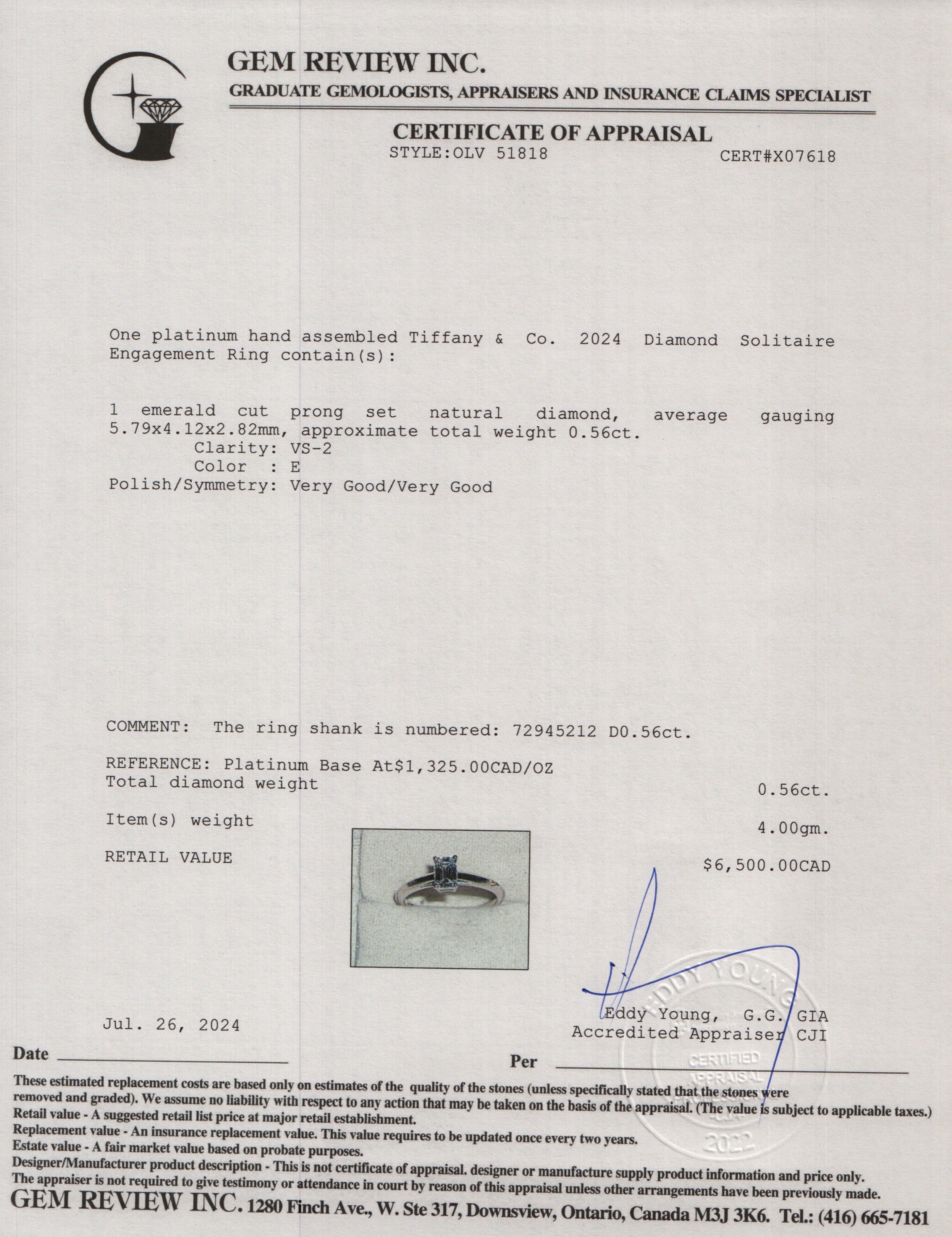 Tiffany & Co. 2024 Platinum Emerald Cut 0.56 ct. Diamond Solitaire Engagement Ring w/ Box & Papers