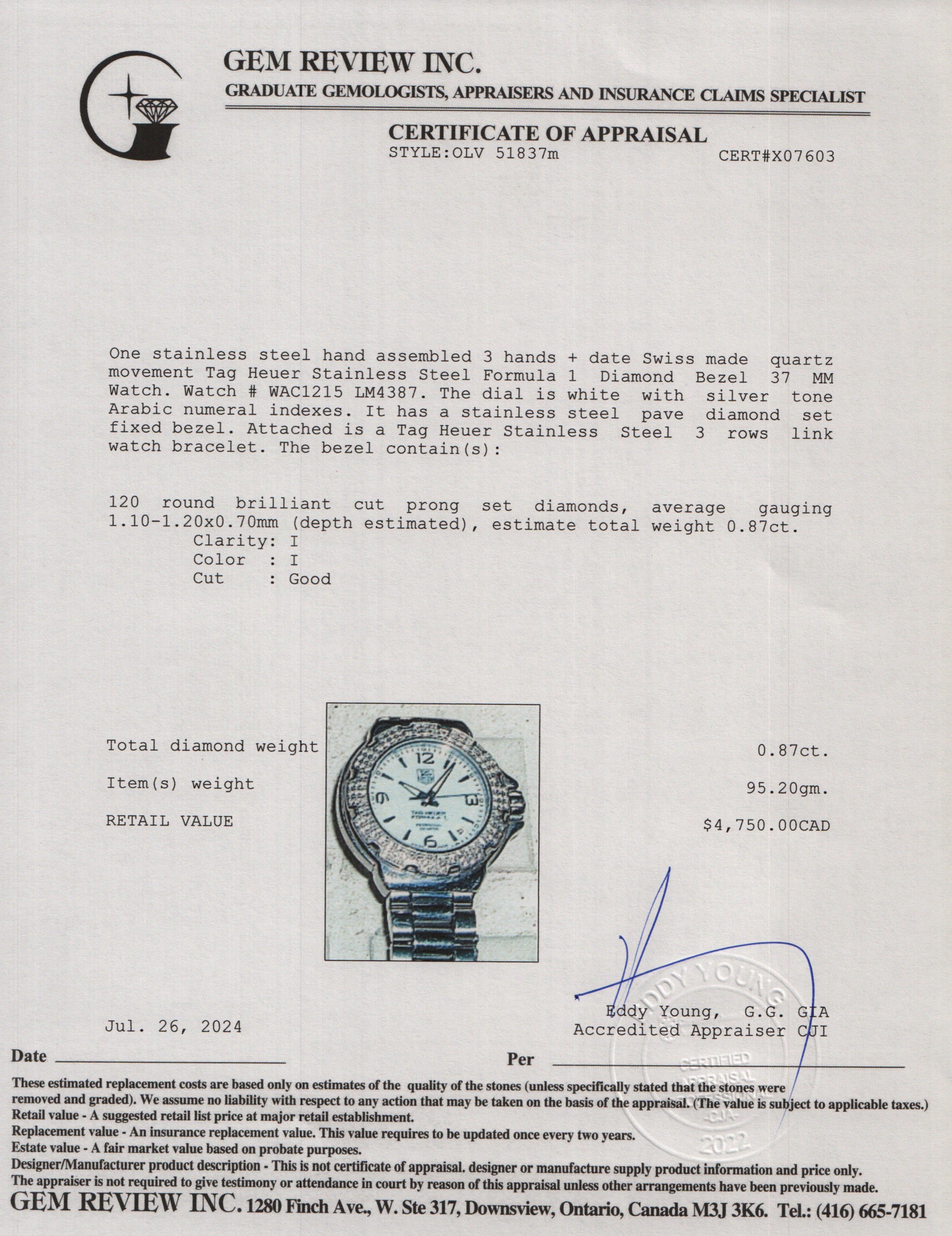 Tag Heuer Stainless Steel Formula 1 Diamond Bezel 37 MM Watch WAC1215 w/ Box & Papers