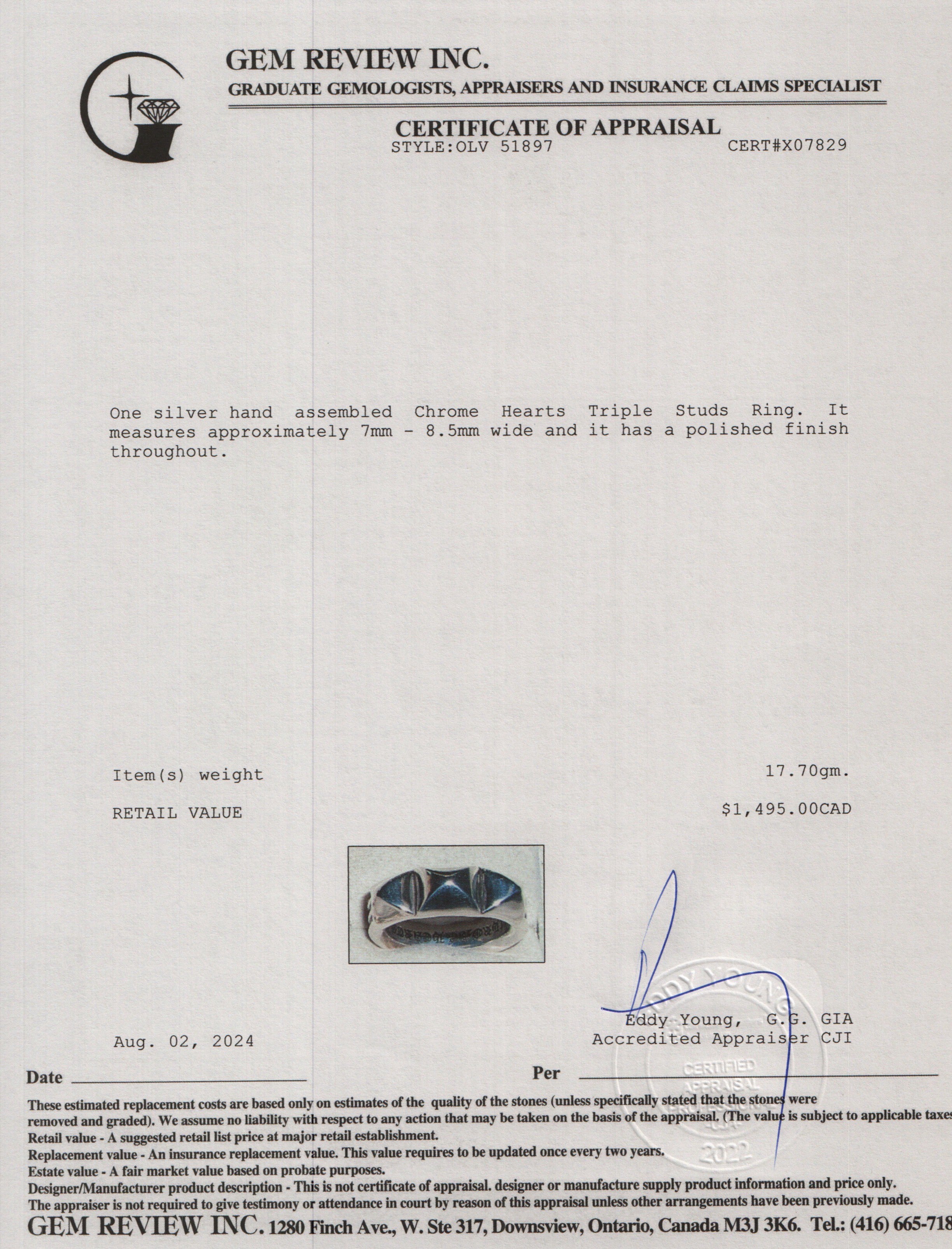 Chrome Hearts Sterling Silver Triple Studs Ring, Size 9.5