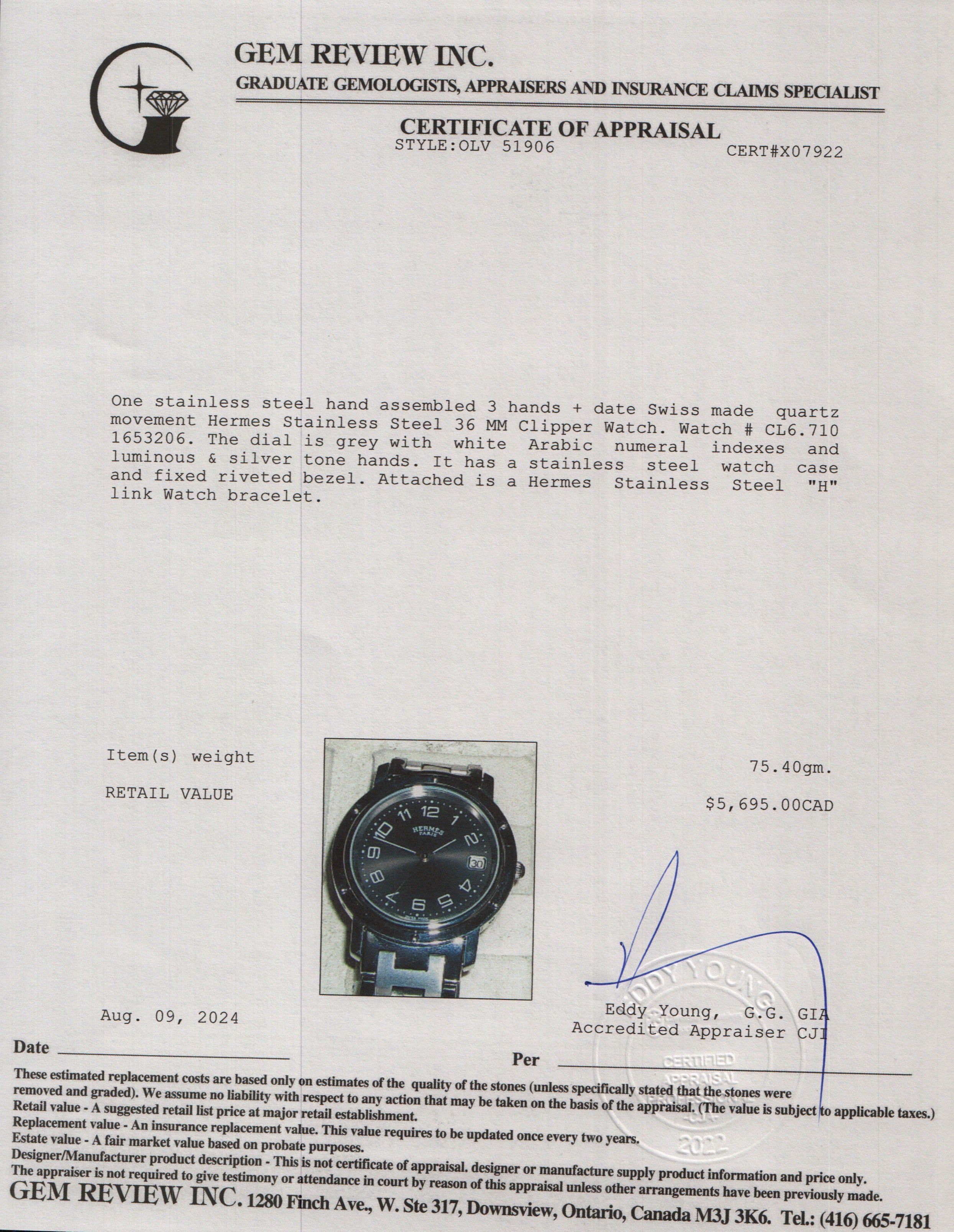 Hermes Stainless Steel 36 MM Clipper Watch