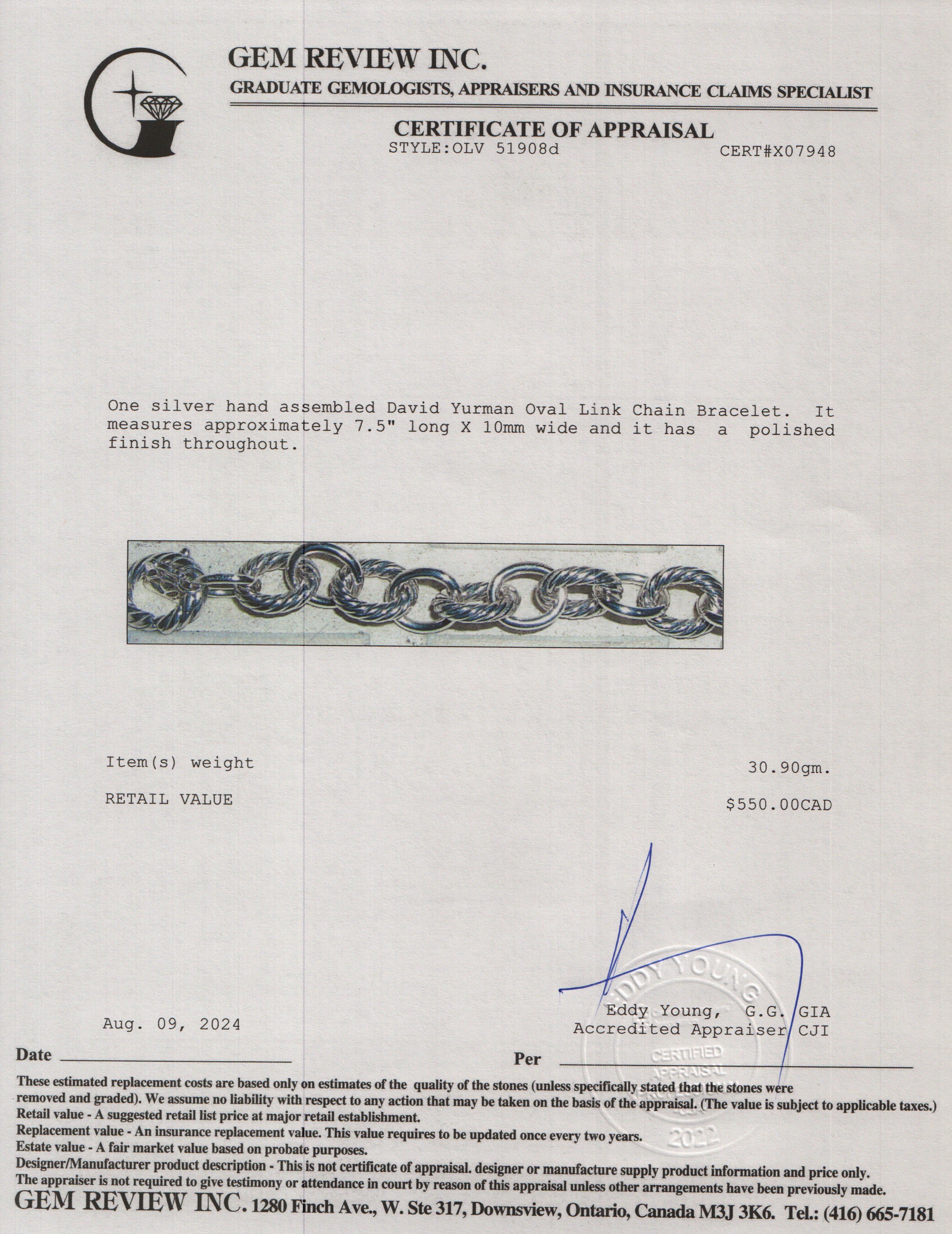 David Yurman Sterling Silver Oval Link Chain Bracelet, 10 MM