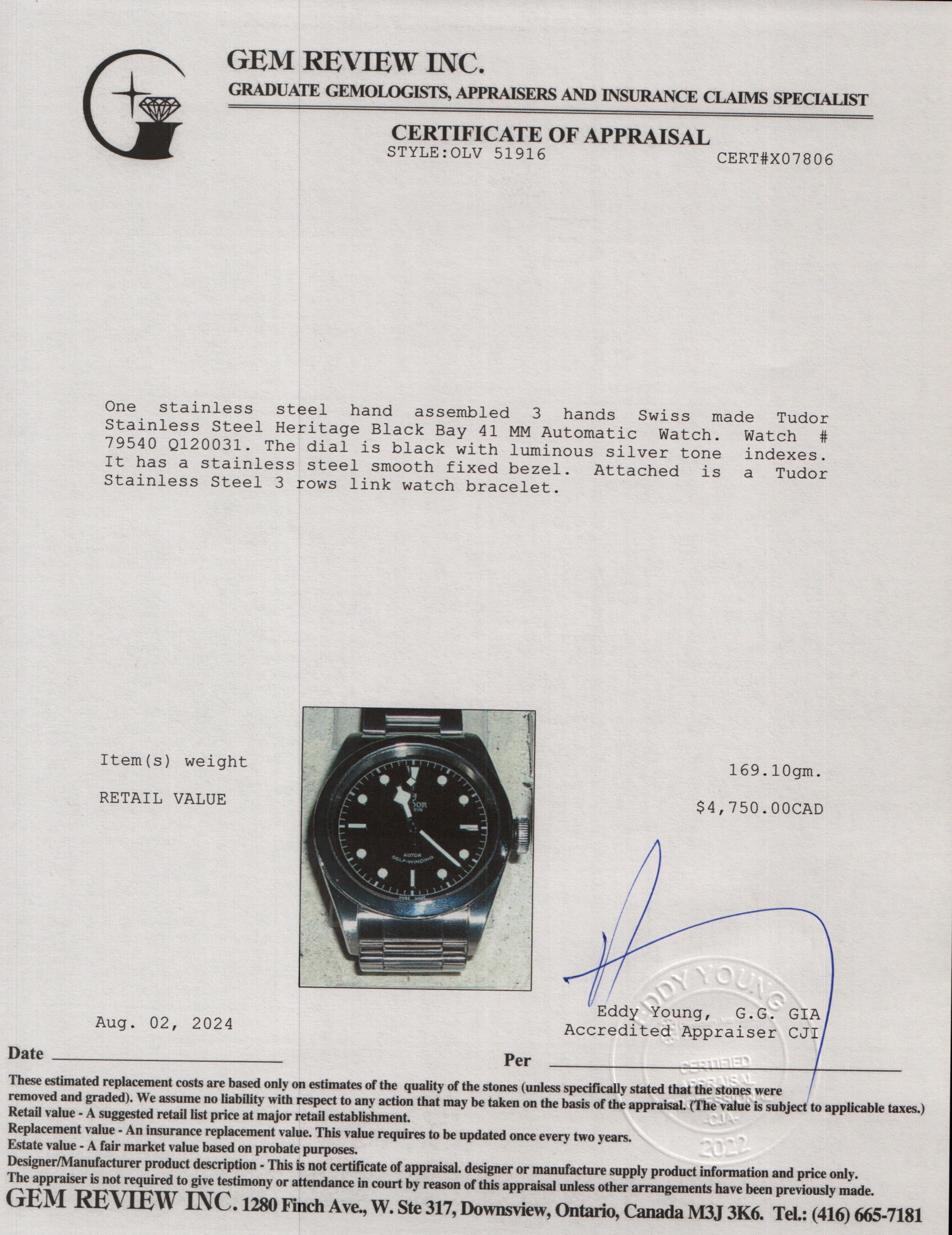 Tudor Stainless Steel Heritage Black Bay 41 MM Automatic Watch 79540 w/ Box & Papers