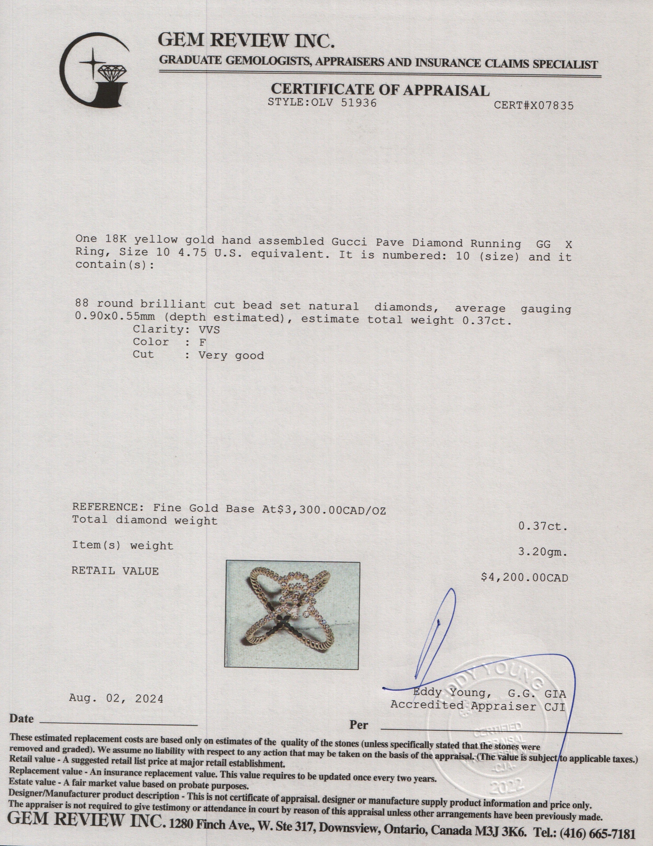 Gucci 18k Yellow Gold Pave Diamond Running GG X Ring, Size 10 4.75