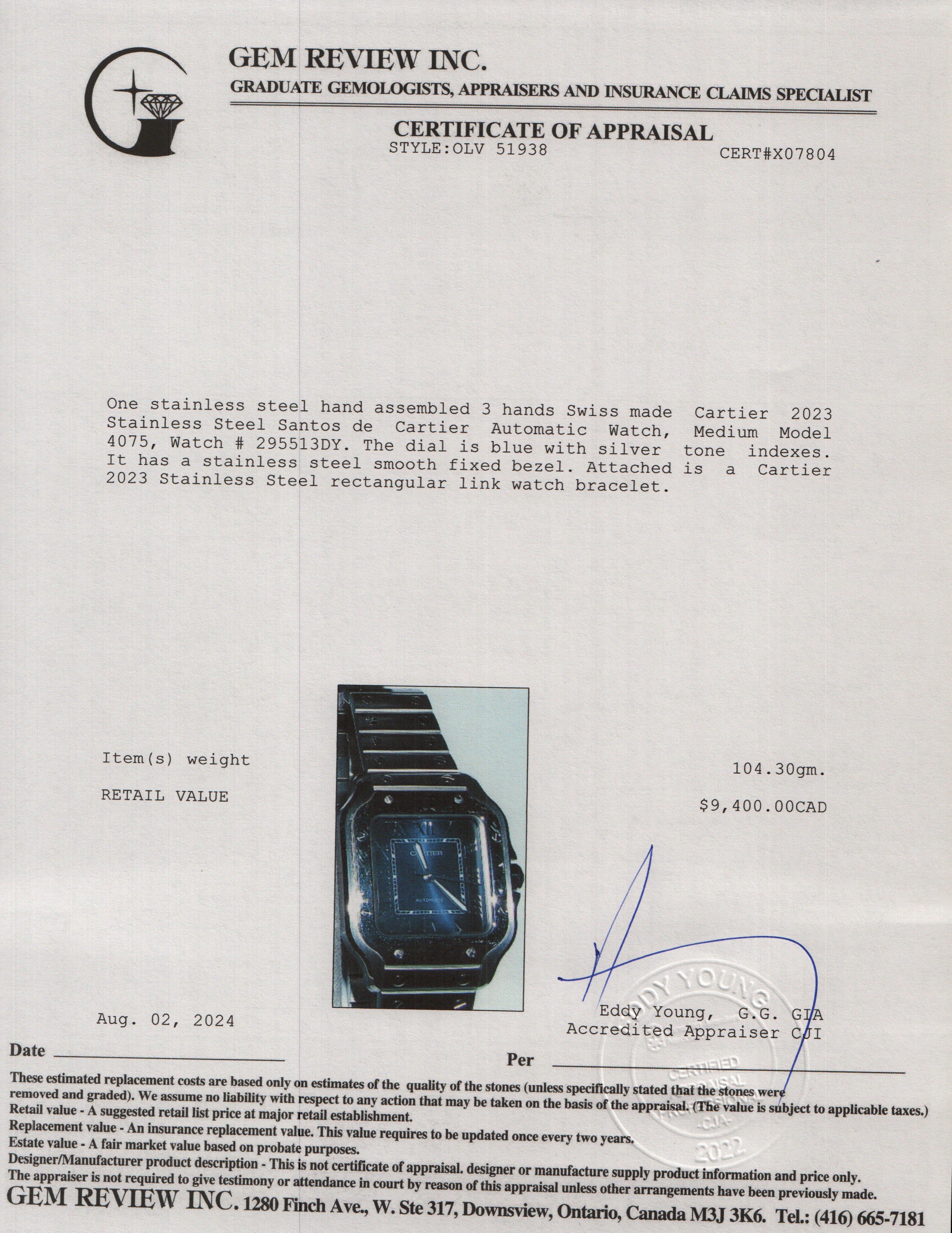 Cartier 2023 Stainless Steel Santos de Cartier Automatic Watch, Medium Model 4075 w/ Box & Papers