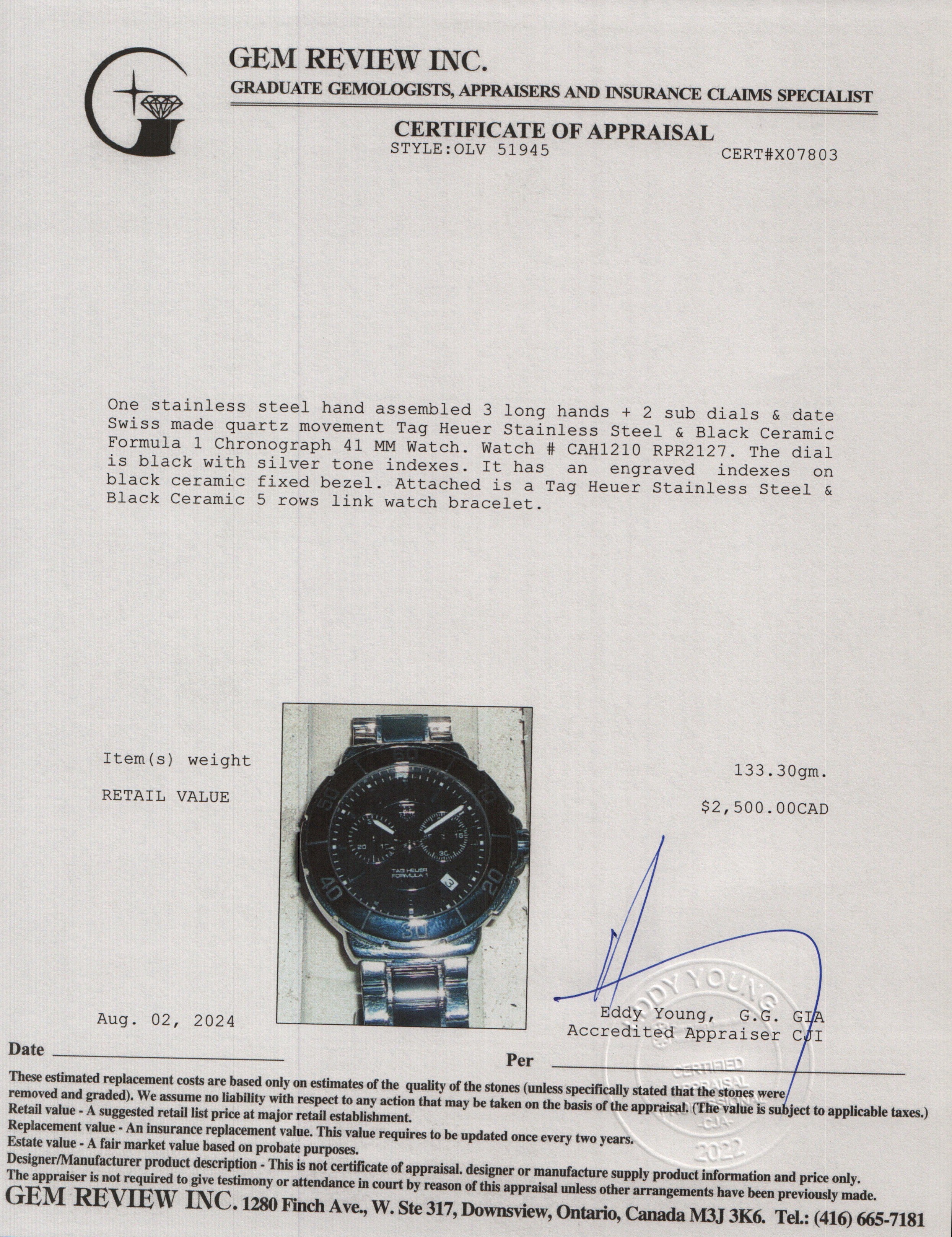 Tag Heuer Stainless Steel & Black Ceramic Formula 1 Chronograph 41 MM Watch CAH1210 w/ Box & Papers