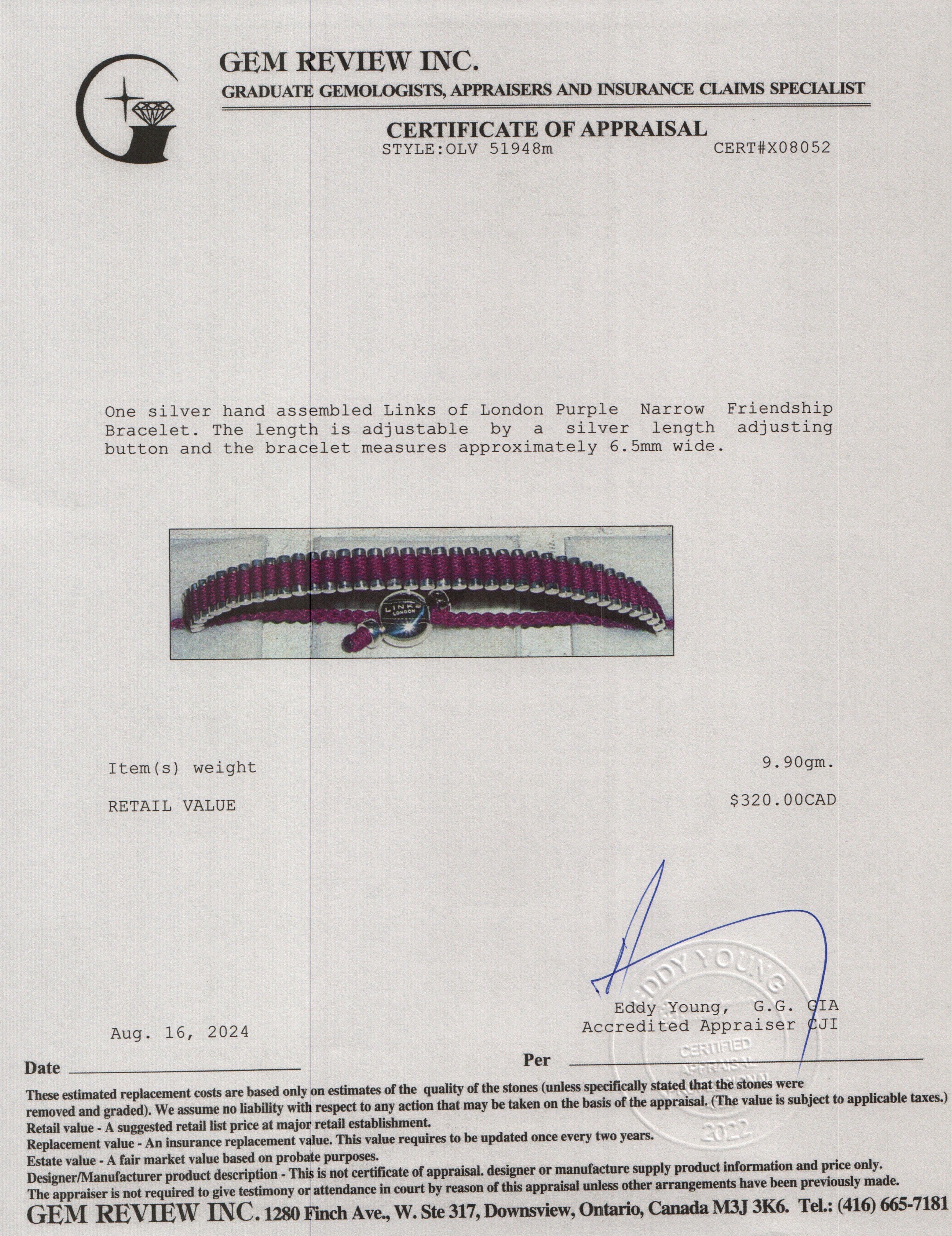 Links of London Sterling Silver Purple Narrow Friendship Bracelet w/ Box