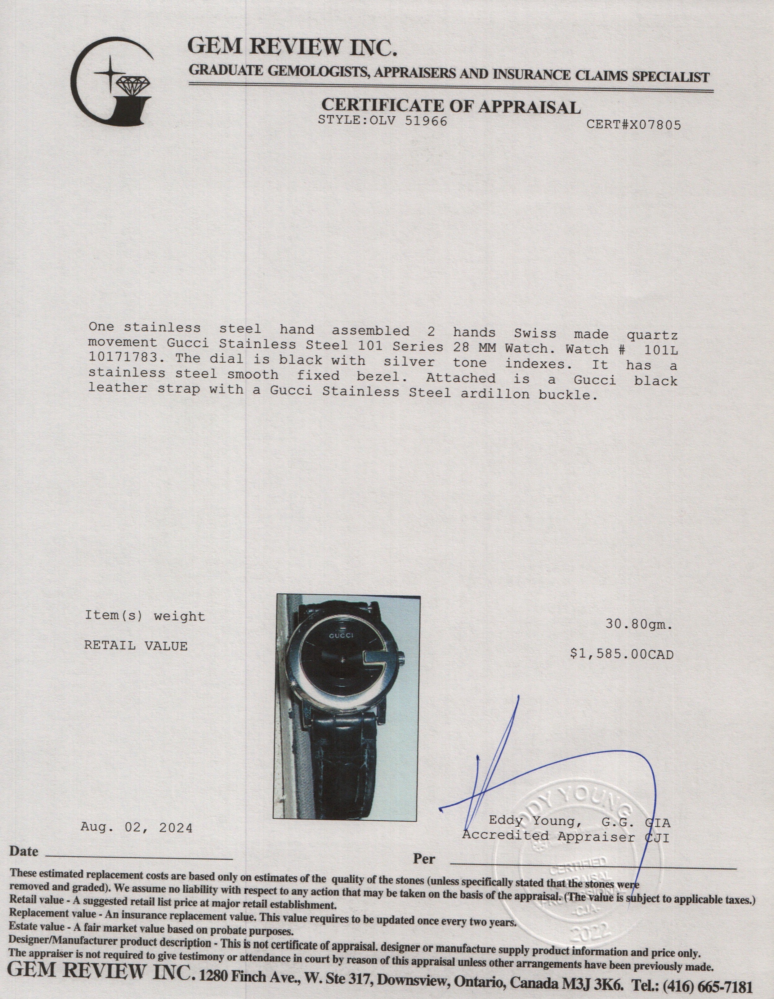 Gucci Stainless Steel 101 Series 28 MM Watch