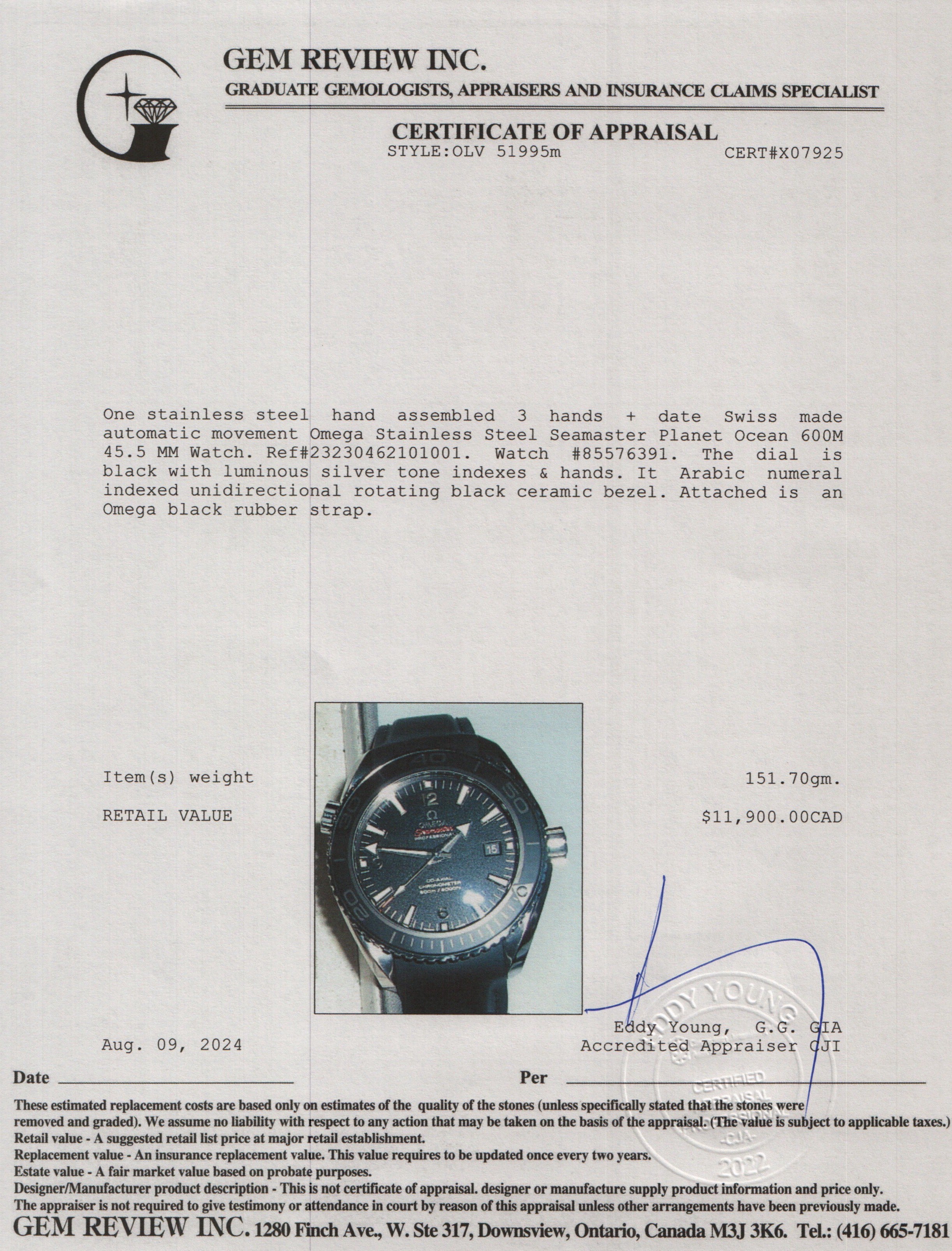 Omega Stainless Steel Seamaster Planet Ocean 600M 45.5 MM Watch w/ Box & Papers