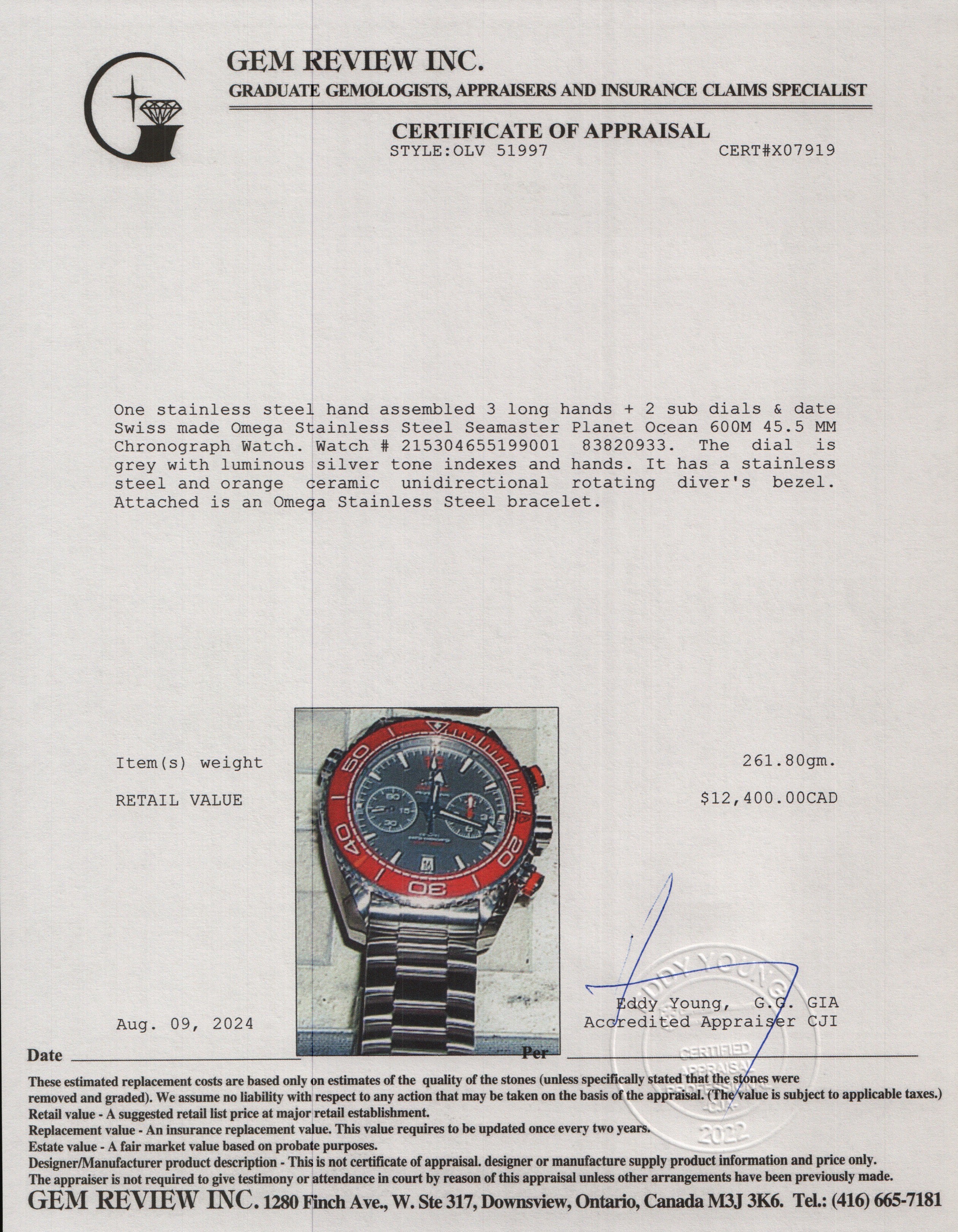 Omega Stainless Steel Seamaster Planet Ocean 600M 45.5 MM Chronograph Watch w/ Box & Papers