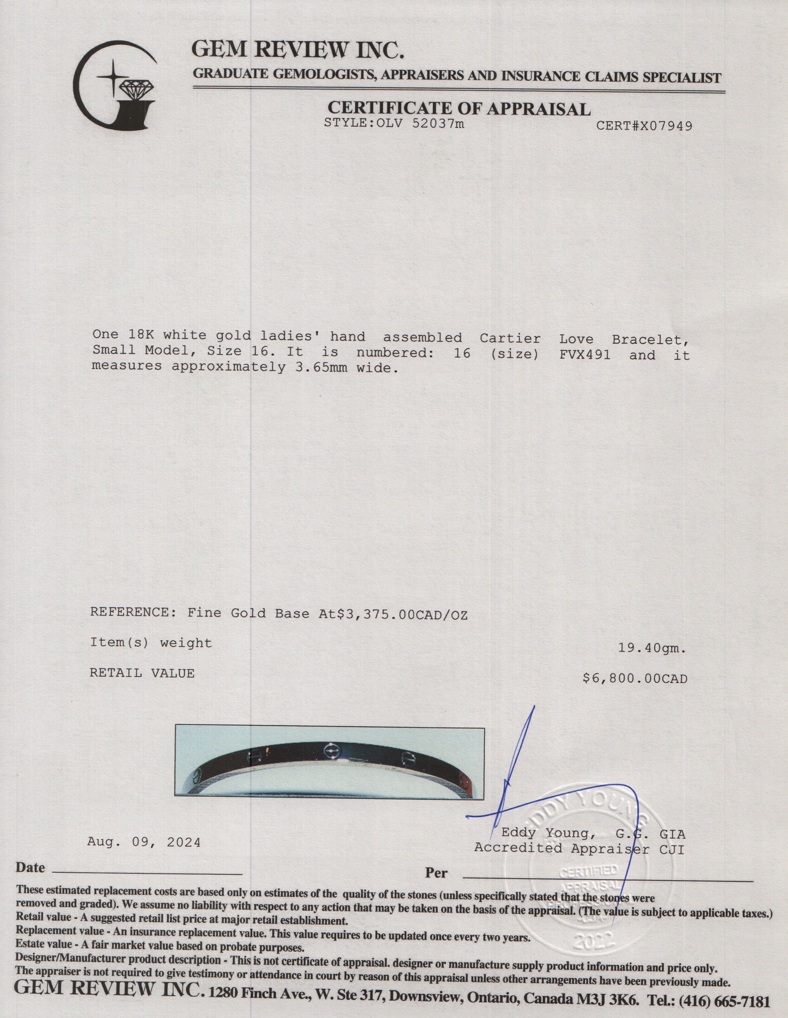 Cartier 18k White Gold 3.65 MM Love Bracelet, Small Model, Size 16 w/ Box, Receipt & Certificate