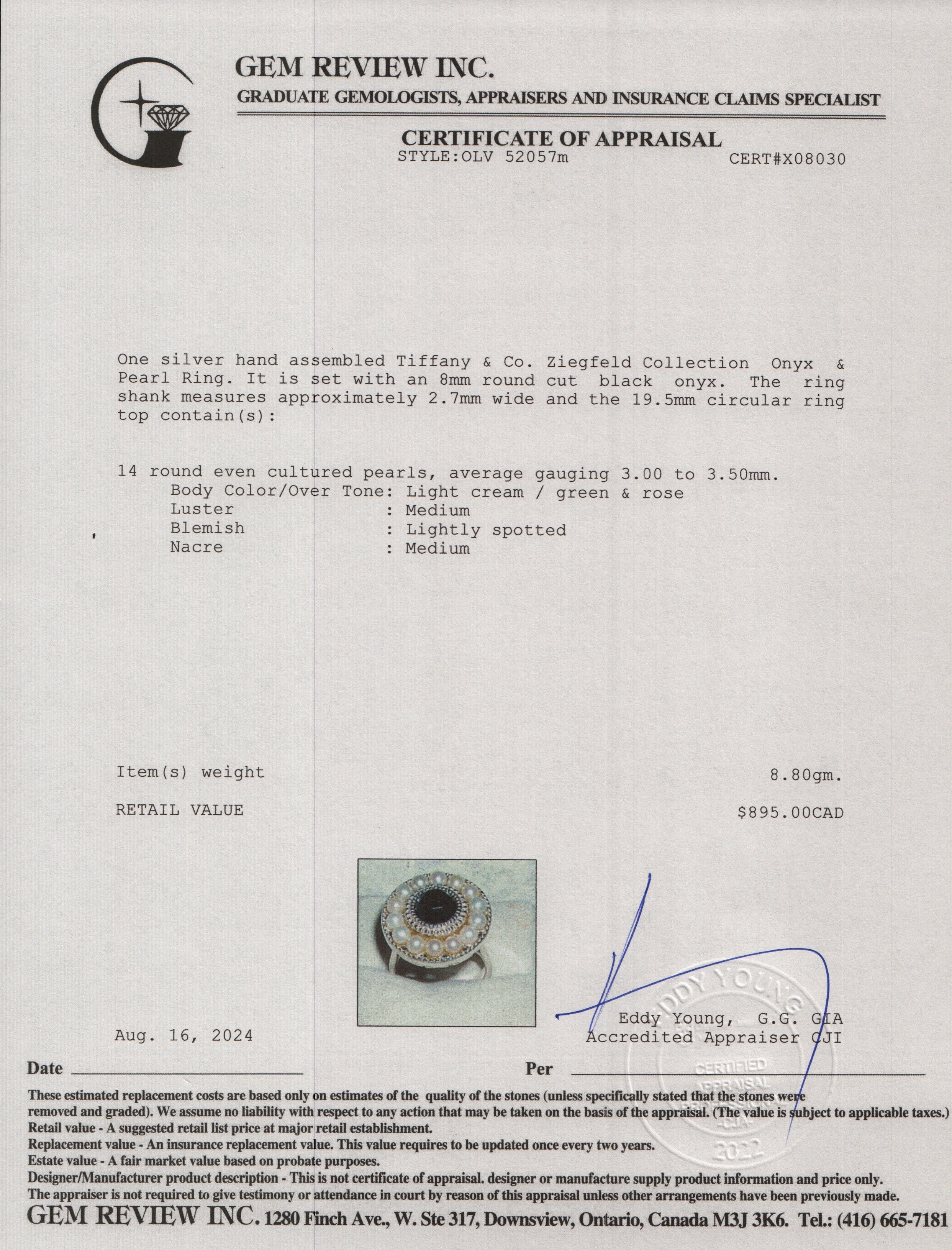 Tiffany & Co. Ziegfeld Collection Sterling Silver Onyx & Pearl Ring, Size 6