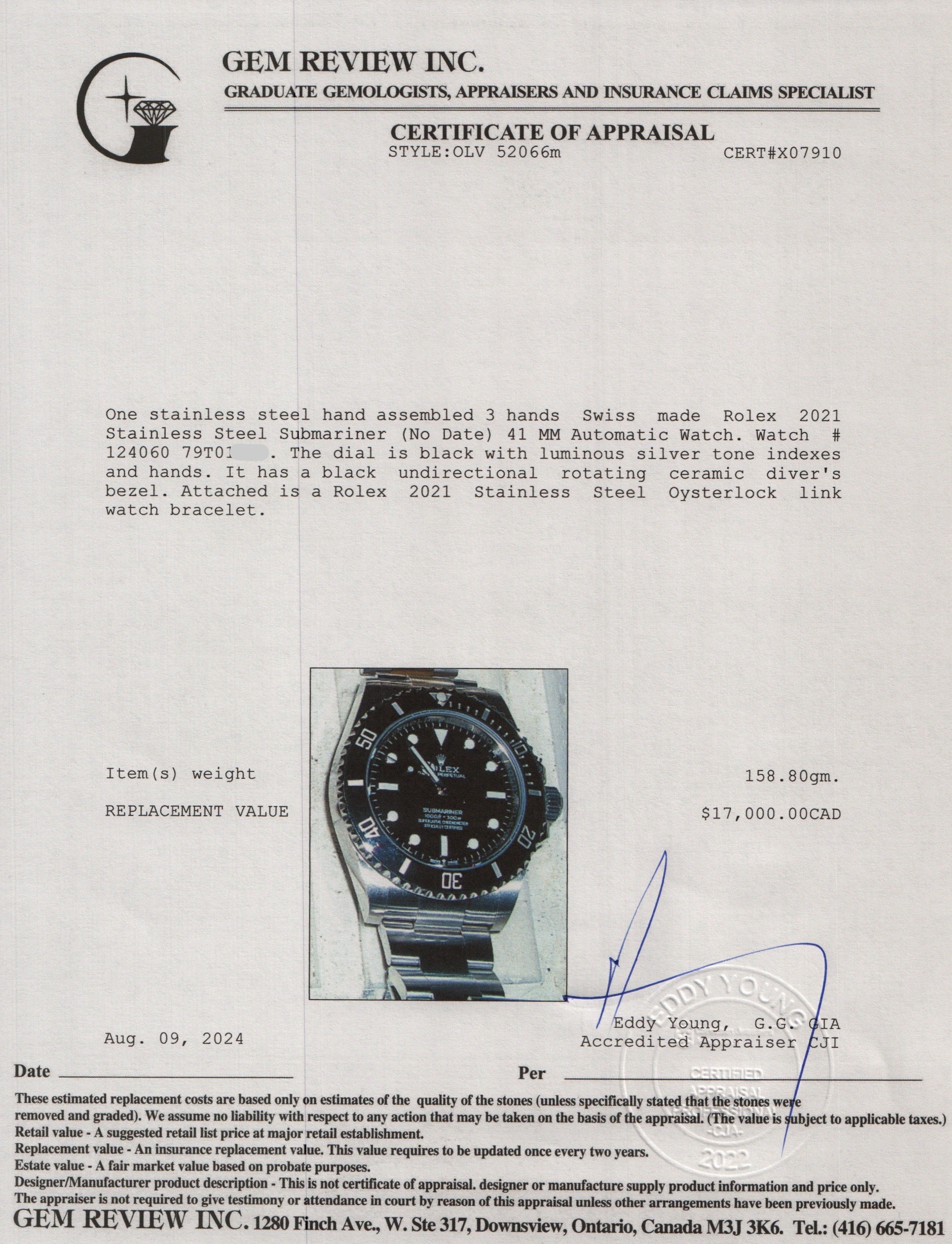 Rolex 2021 Stainless Steel Submariner (No Date) 41 MM Automatic Watch 124060 w/ Box & Papers