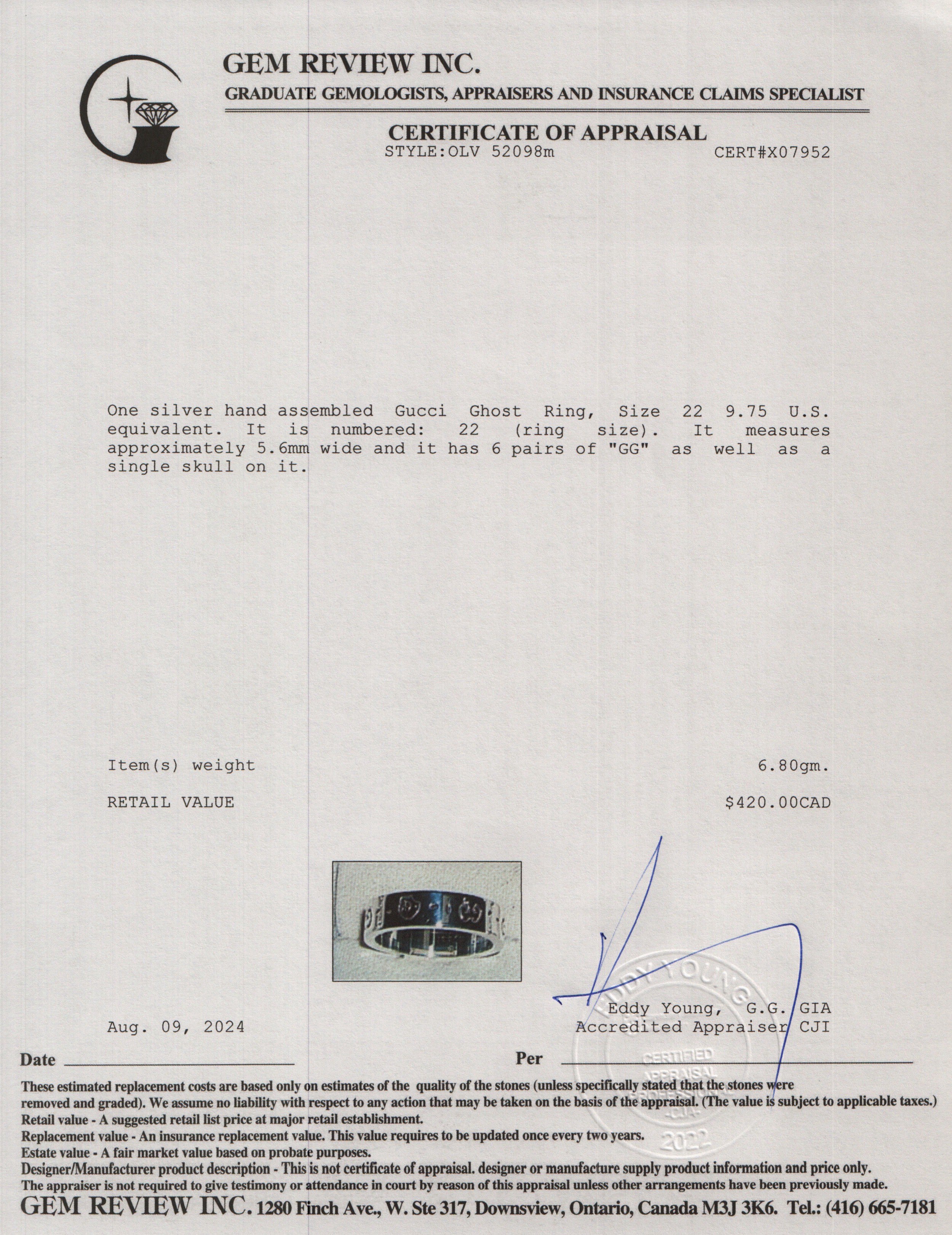 Gucci Sterling Silver Ghost Ring, Size 22 9.75