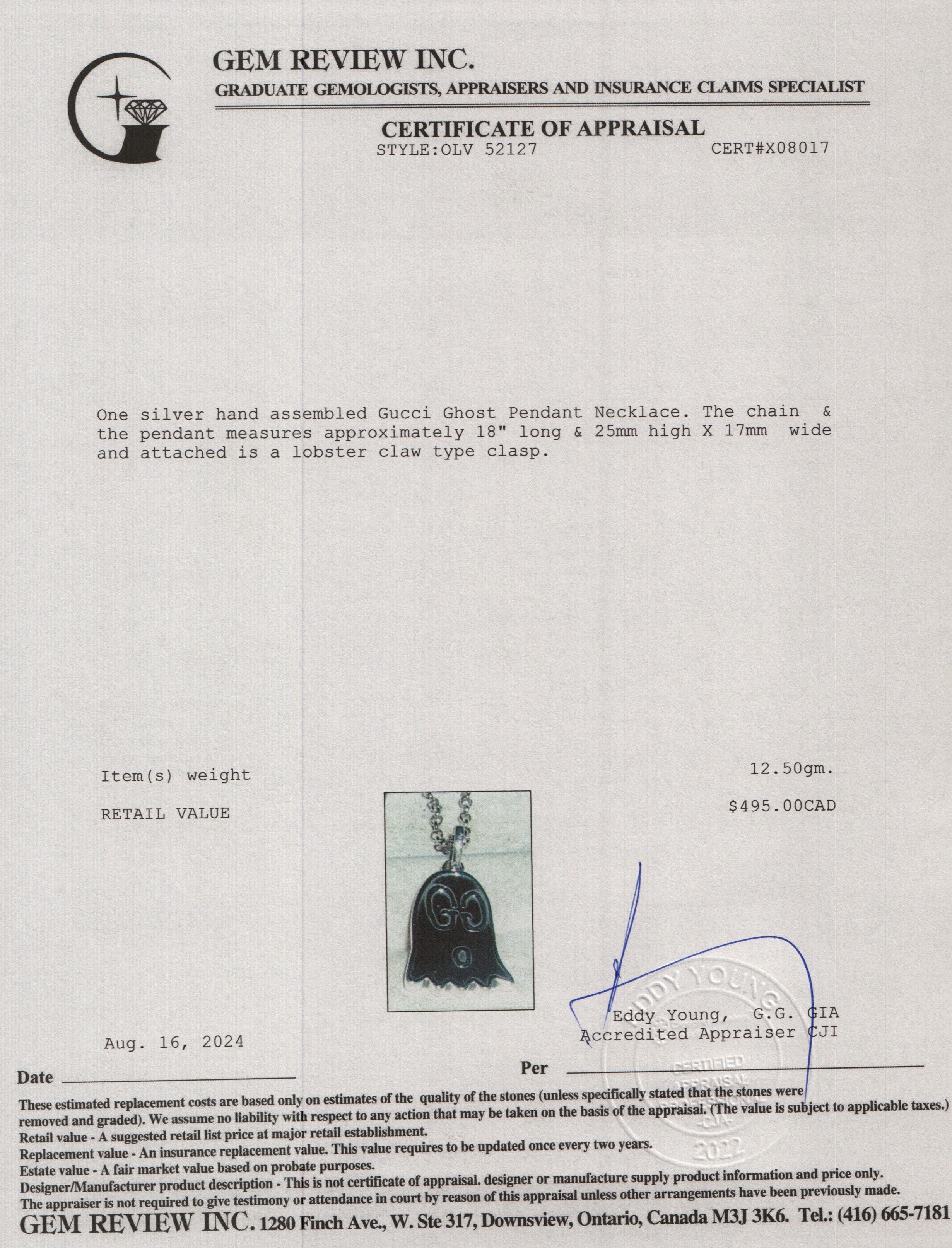 Gucci Sterling Silver Ghost Pendant Necklace