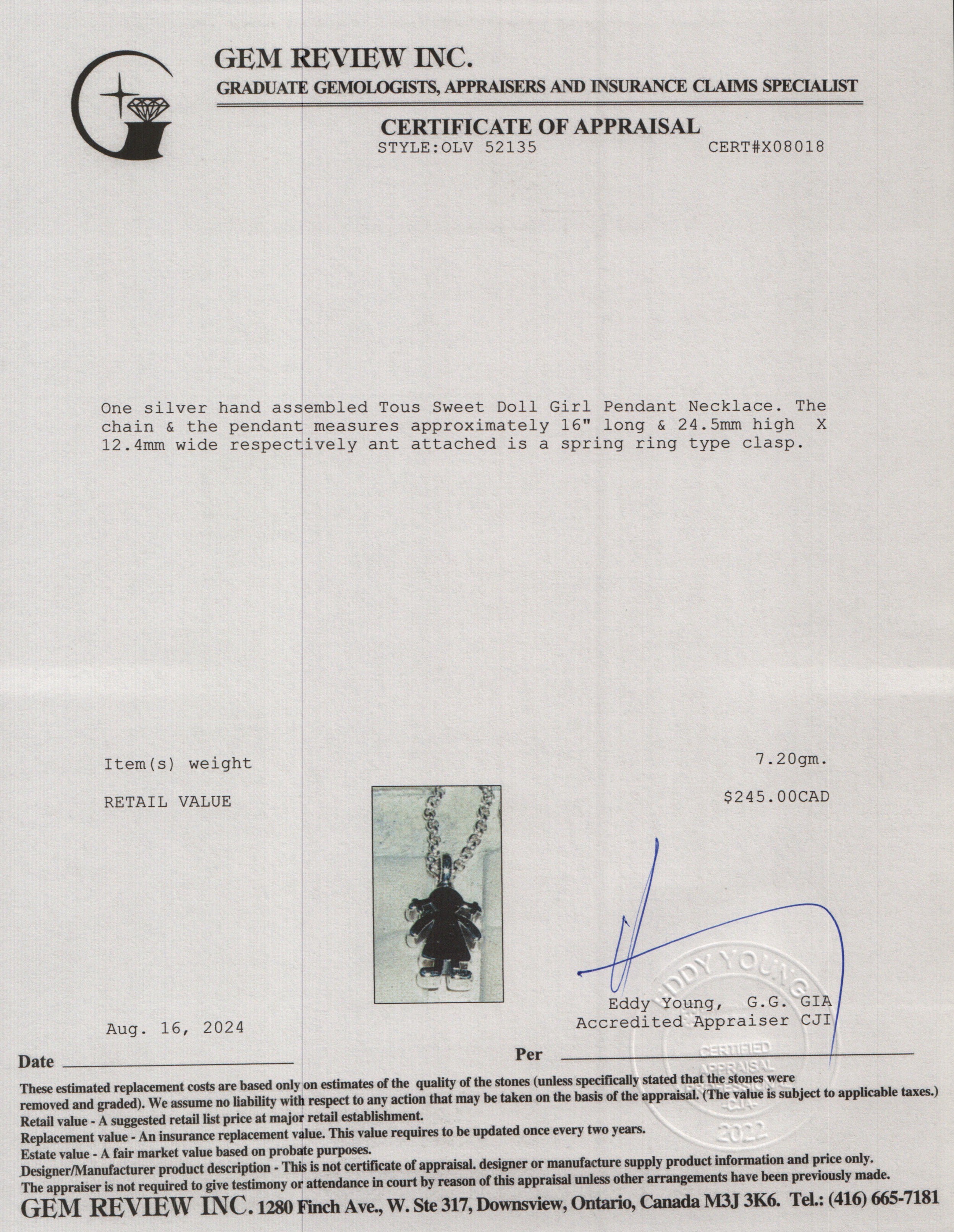 Tous Sterling Silver Sweet Doll Girl Pendant Necklace