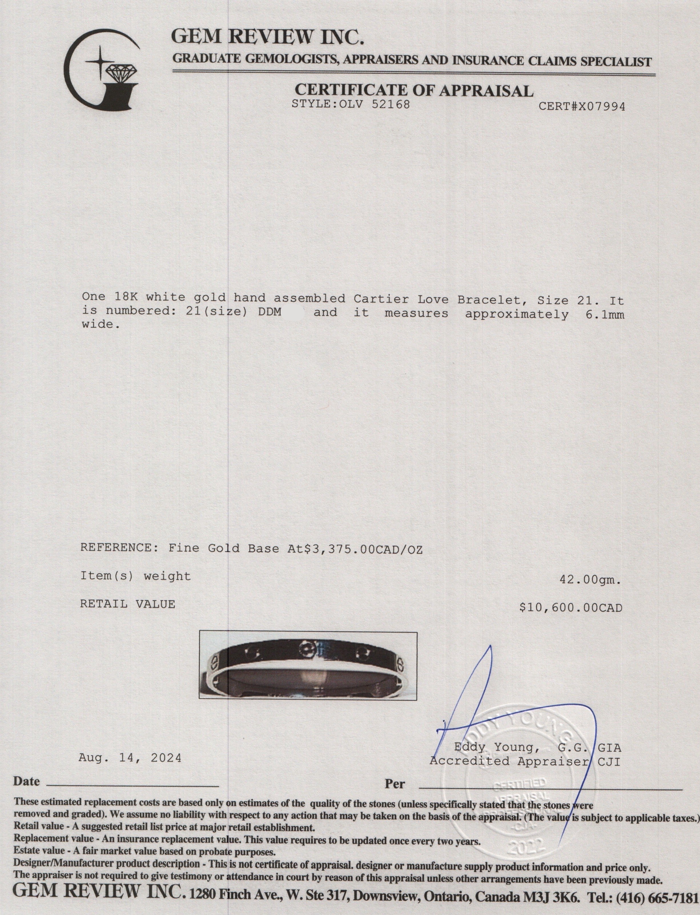 Cartier 18k White Gold Love Bracelet, Size 21 w/ Box