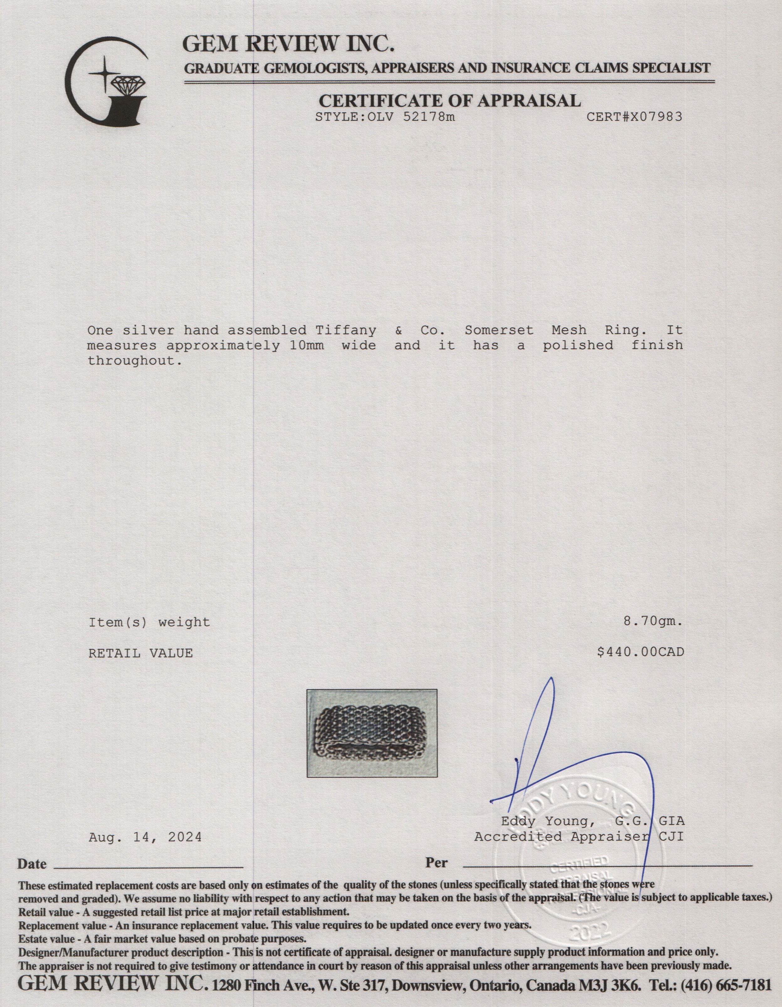 Tiffany & Co. Sterling Silver Somerset Mesh Ring, Size 6.5