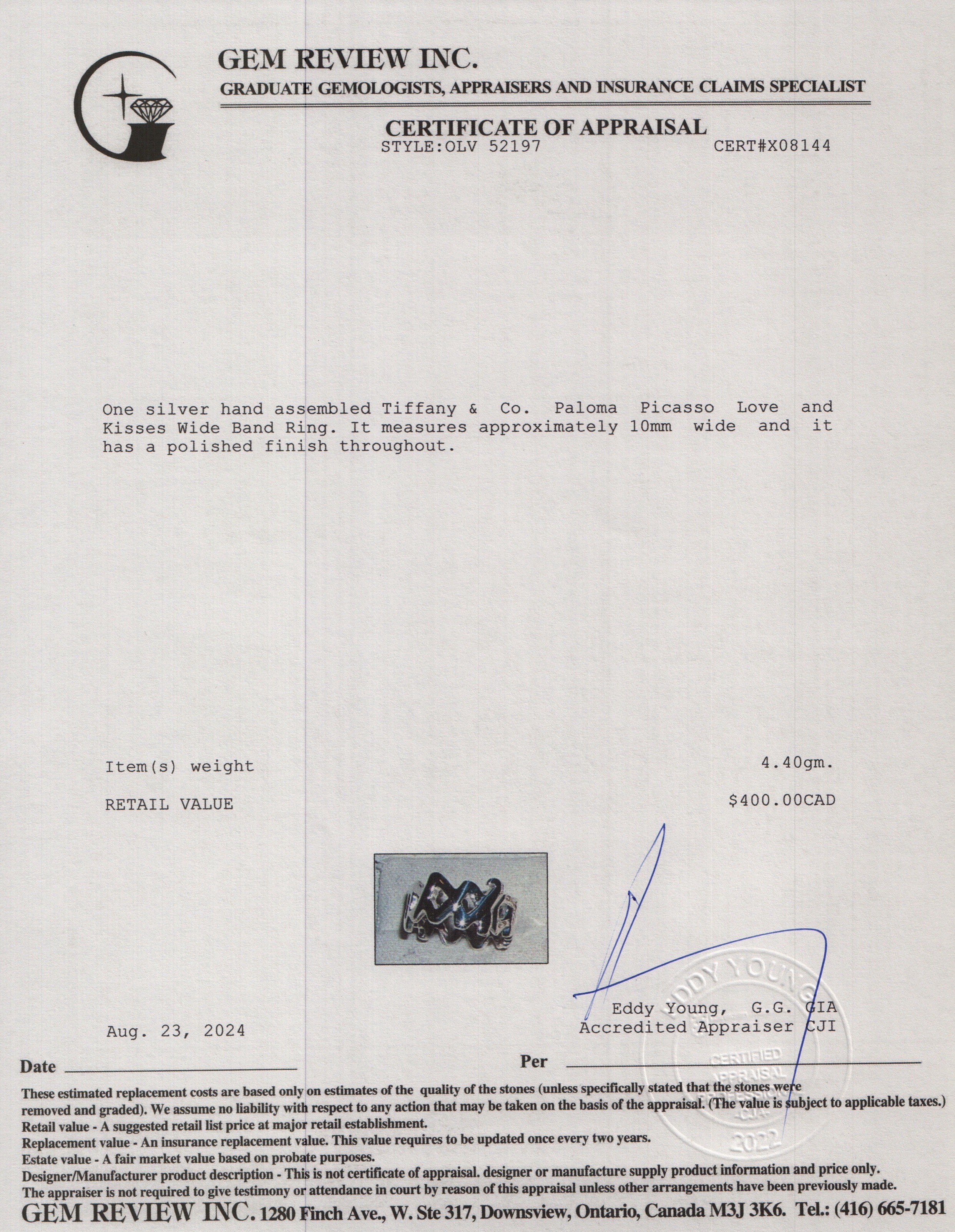 Tiffany & Co. Paloma Picasso Sterling Silver Love and Kisses Wide Band Ring, Size 5