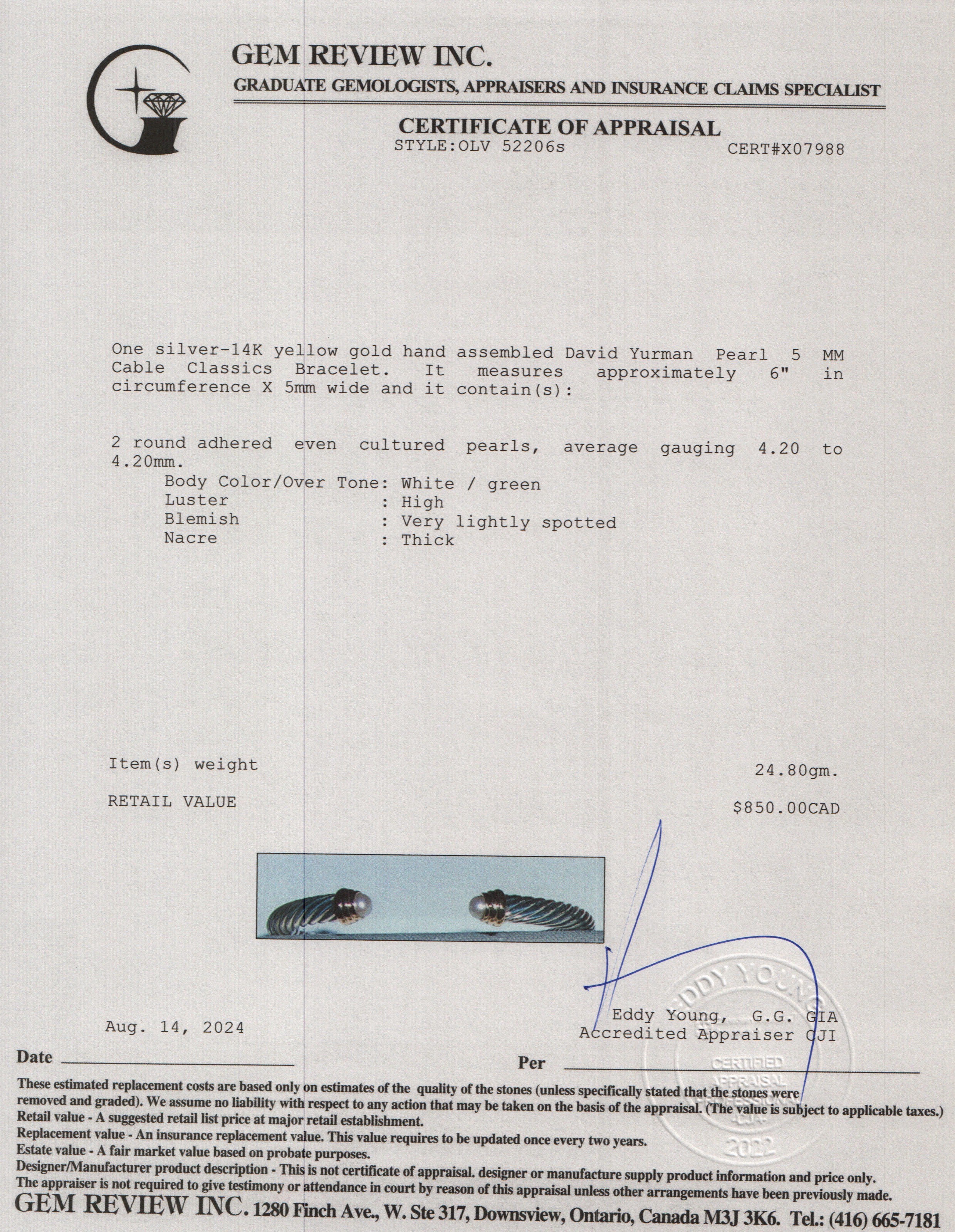 David Yurman Sterling Silver & 14k Yellow Gold Pearl 5 MM Cable Classics Bracelet