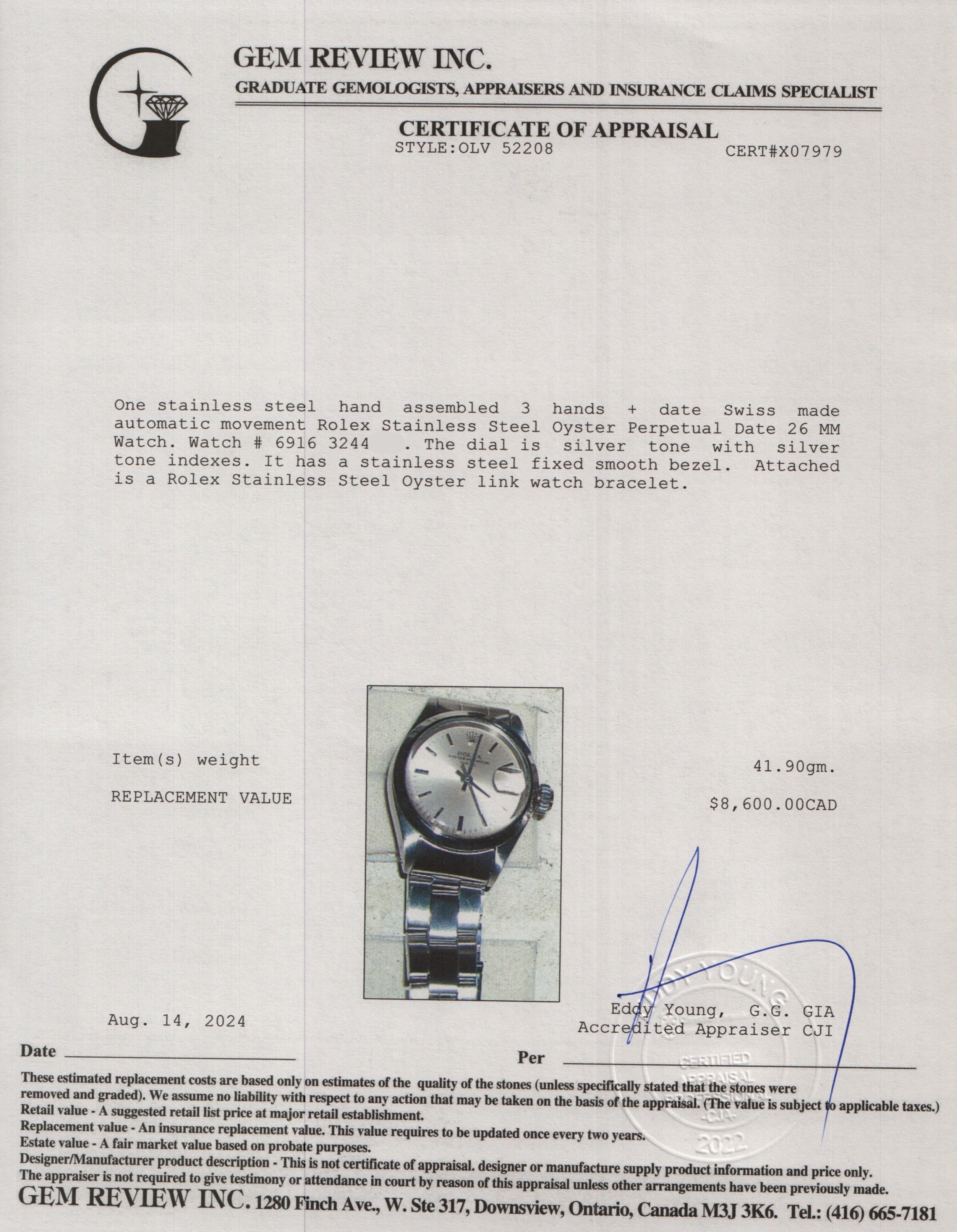 Rolex Stainless Steel Oyster Perpetual Date 26 MM Watch 6916