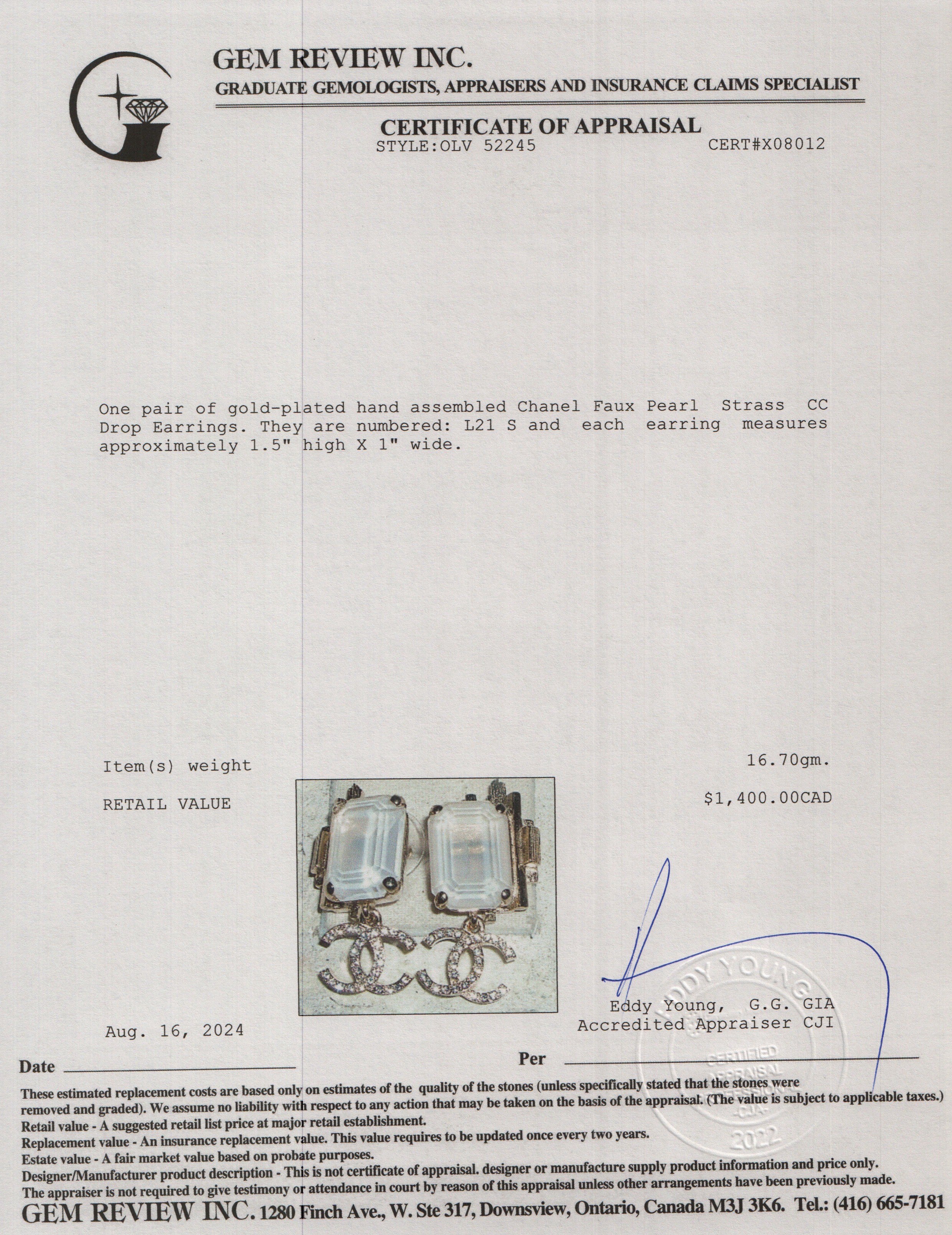 Chanel 2021 Gold Plated Faux Pearl Strass CC Drop Earrings w/ Box