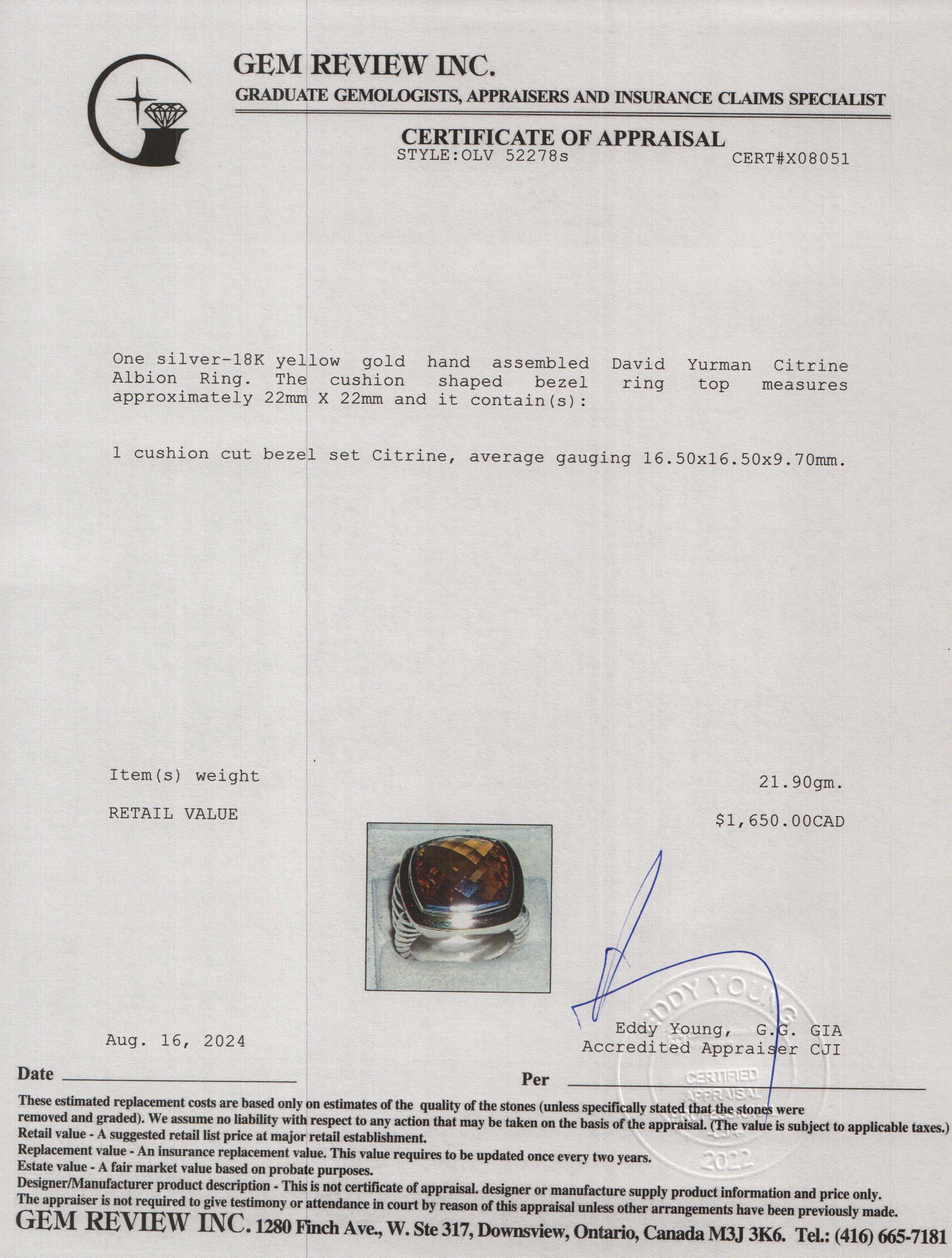 David Yurman Sterling Silver & 18k Yellow Gold Citrine Albion Ring, Size 10