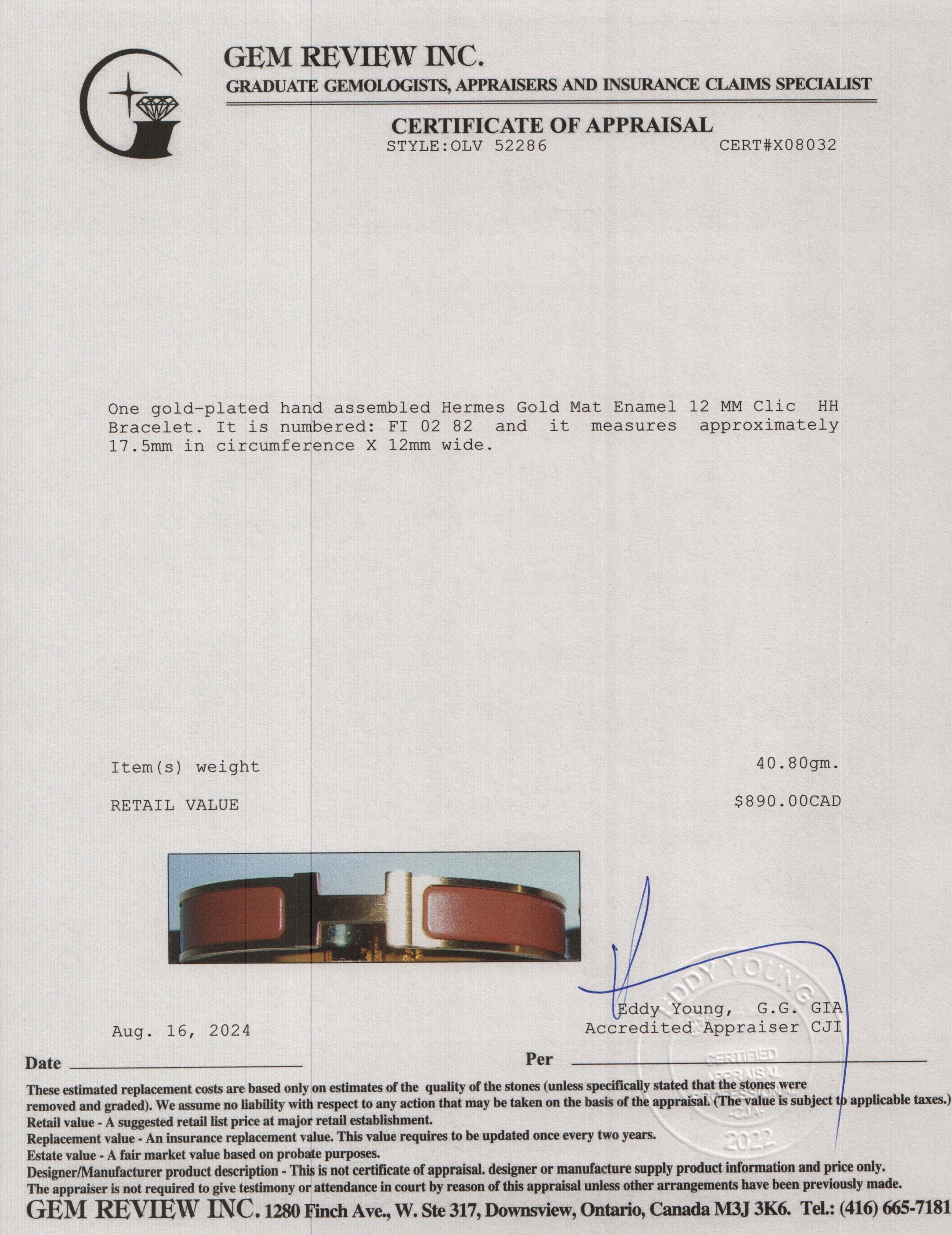 Hermes Yellow Gold Plated Gold Mat Enamel 12 MM Clic HH Bracelet, Size T4