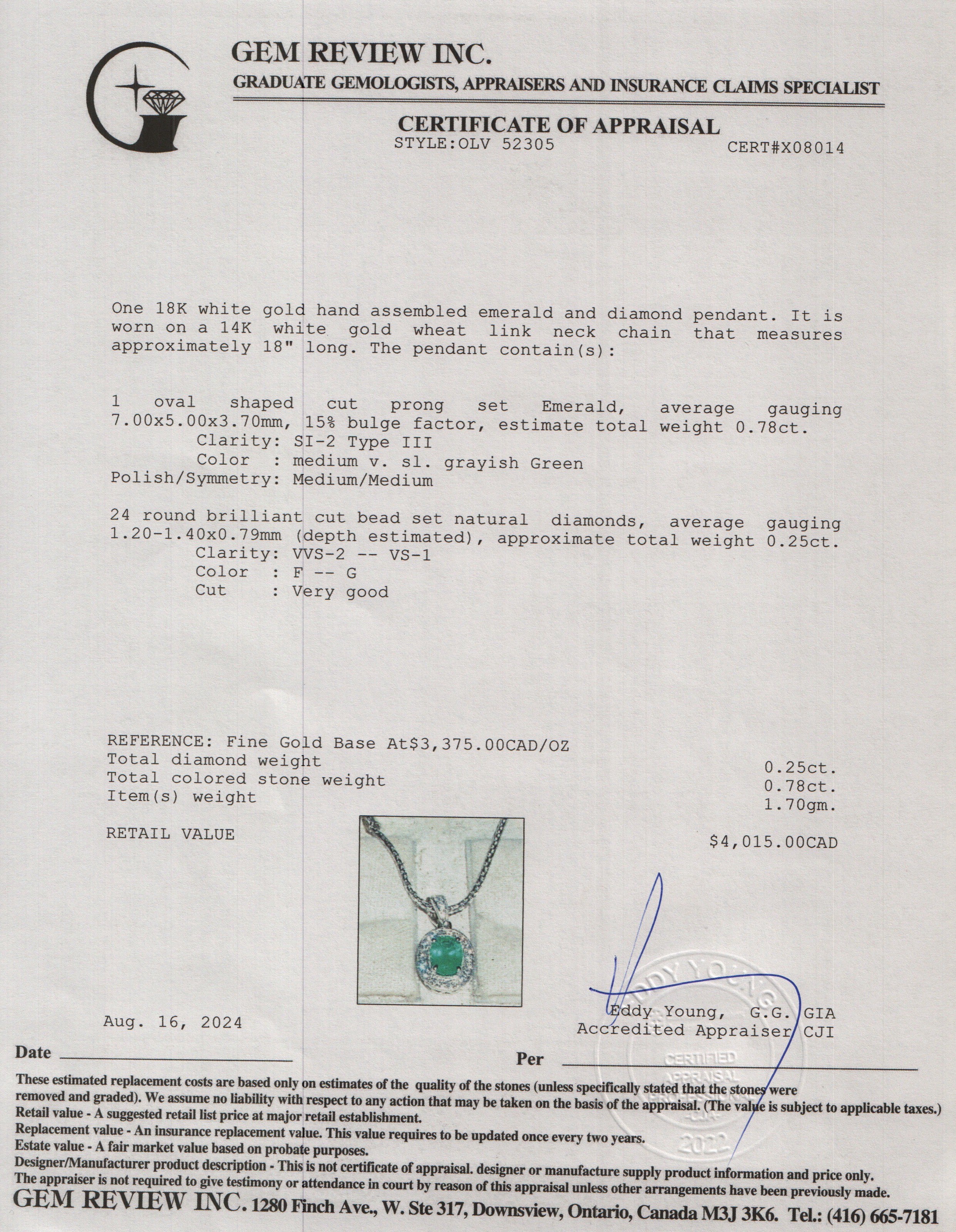 18k White Gold Emerald & Diamond Pendant on 14k White Gold Chain Necklace