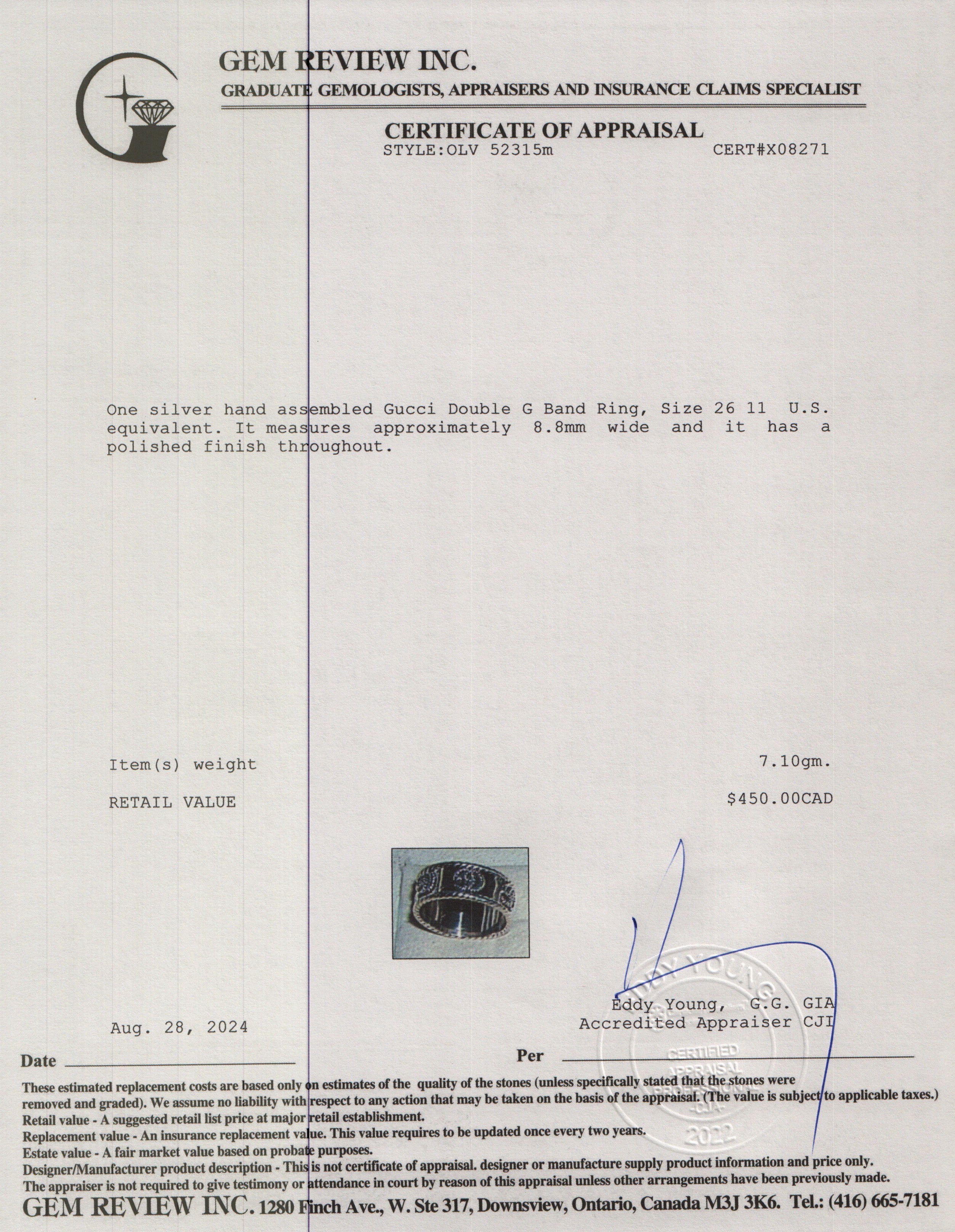 Gucci Sterling Silver Double G Band Ring, Size 26 11