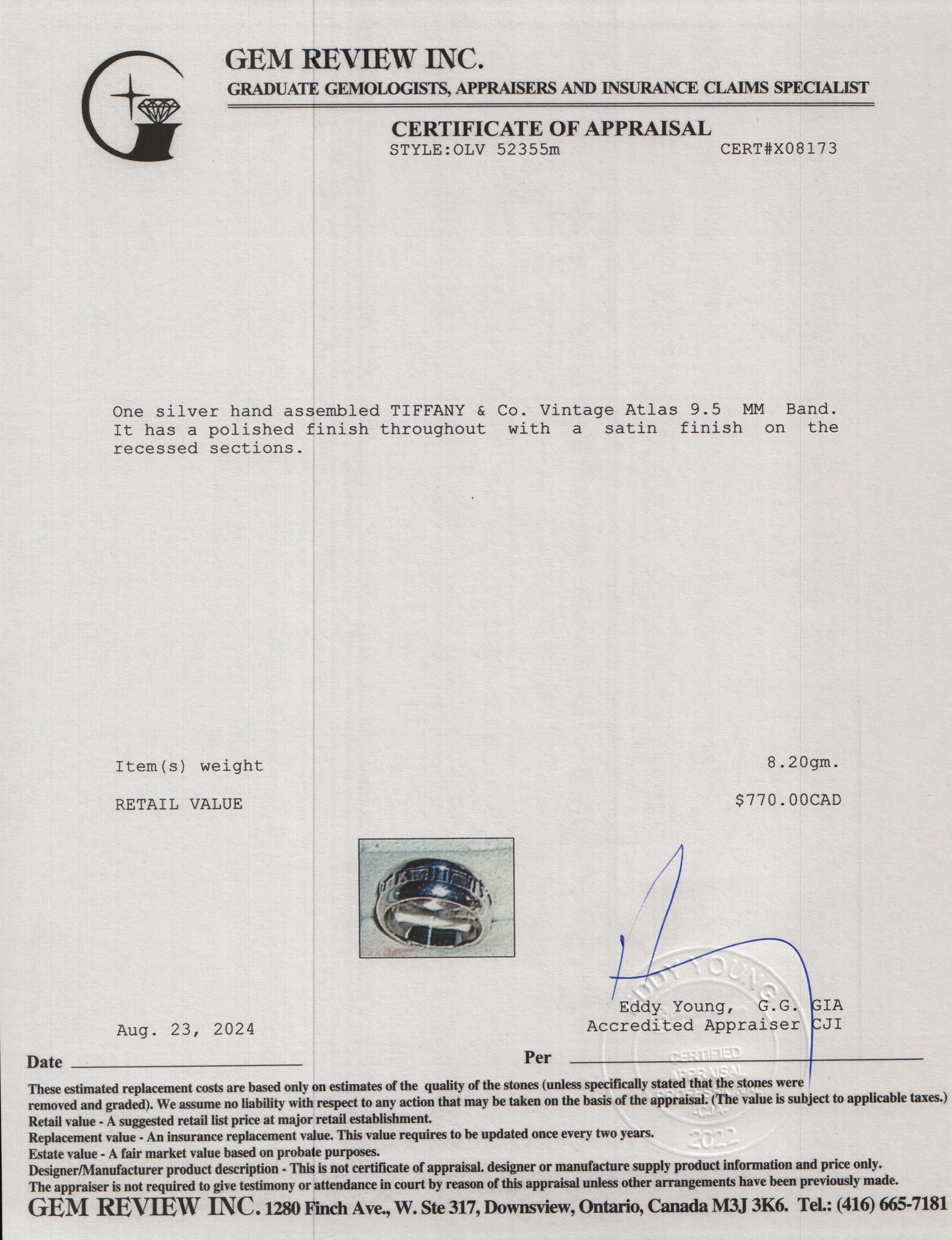 Tiffany & Co. Vintage Sterling Silver Atlas 9.5 MM Band, Size 6.5