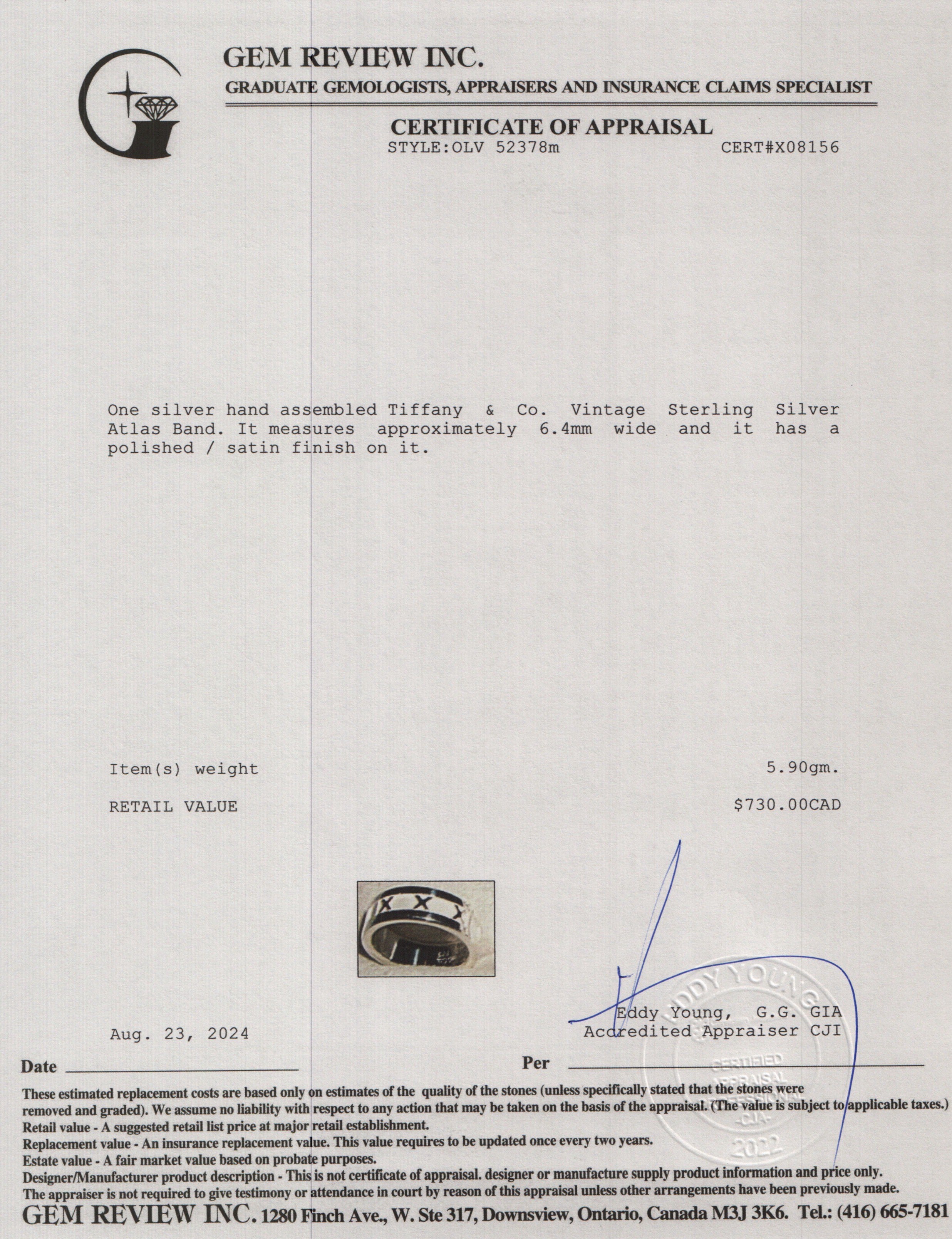 Tiffany & Co. Vintage Sterling Silver Atlas 6.4 MM Band, Size 4.75