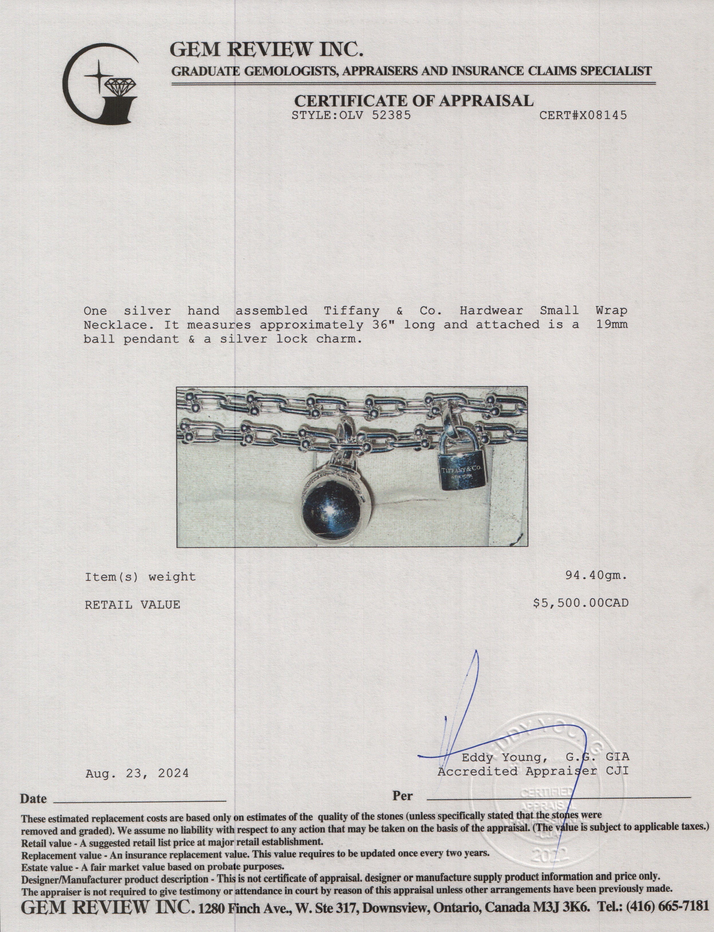 Tiffany & Co. Sterling Silver Hardwear Small Wrap Necklace w/ Box & Receipt