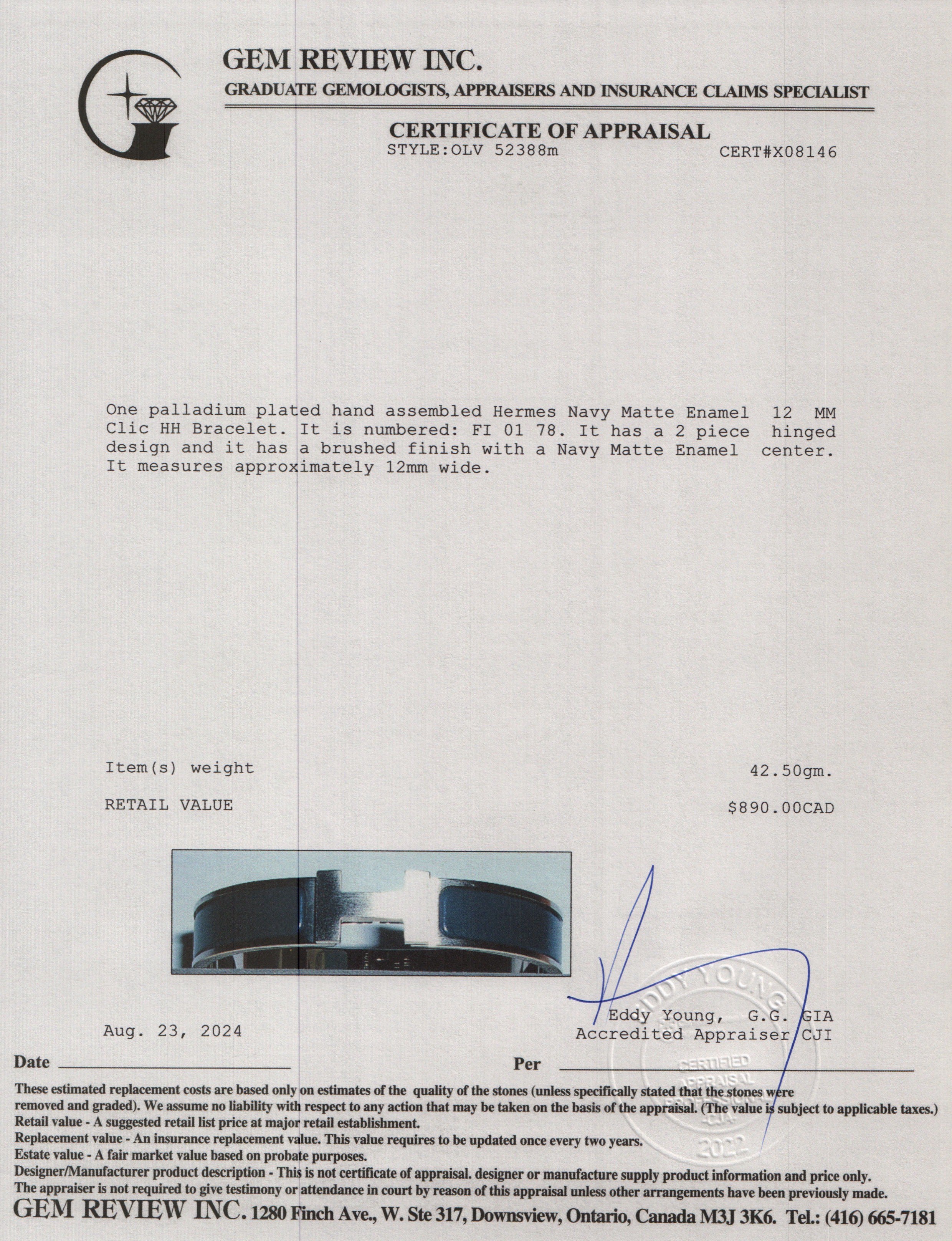 Hermes Palladium Plated Navy Matte Enamel 12 MM Clic HH Bracelet w/ Box