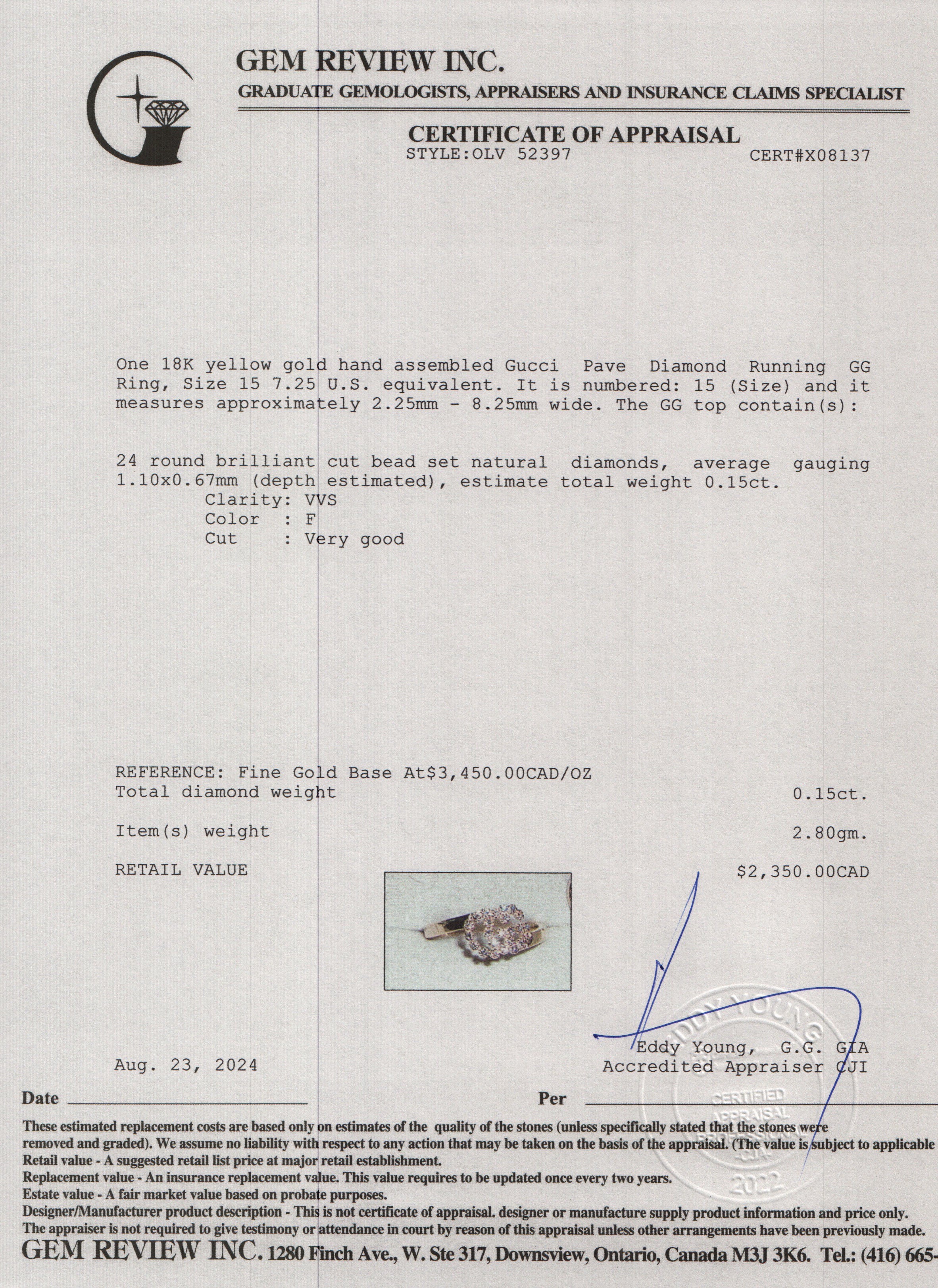 Gucci 18k Yellow Gold Pave Diamond Running GG Ring, Size 15 7.25 w/ Box