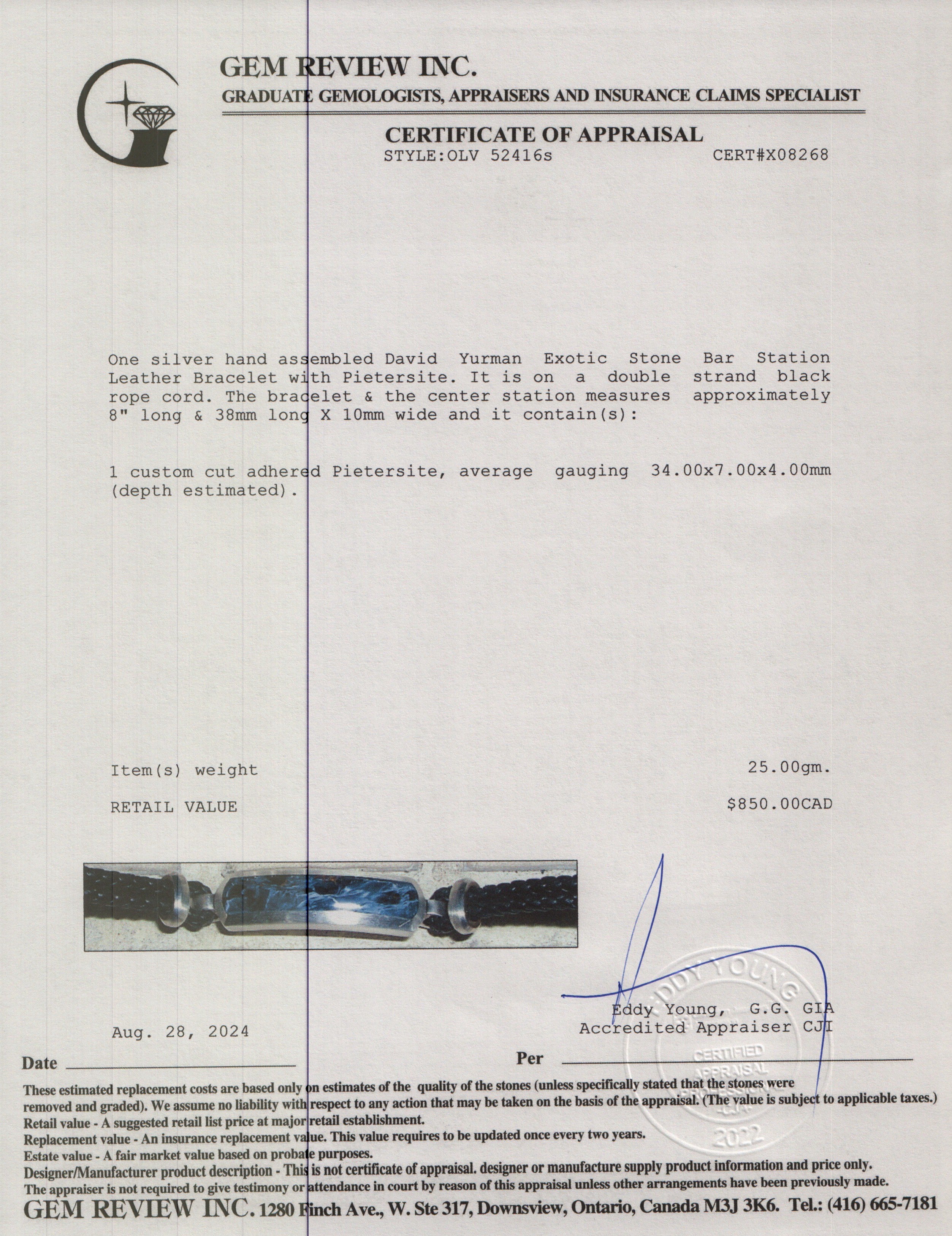 David Yurman Sterling Silver Exotic Stone Bar Station Leather Bracelet with Pietersite