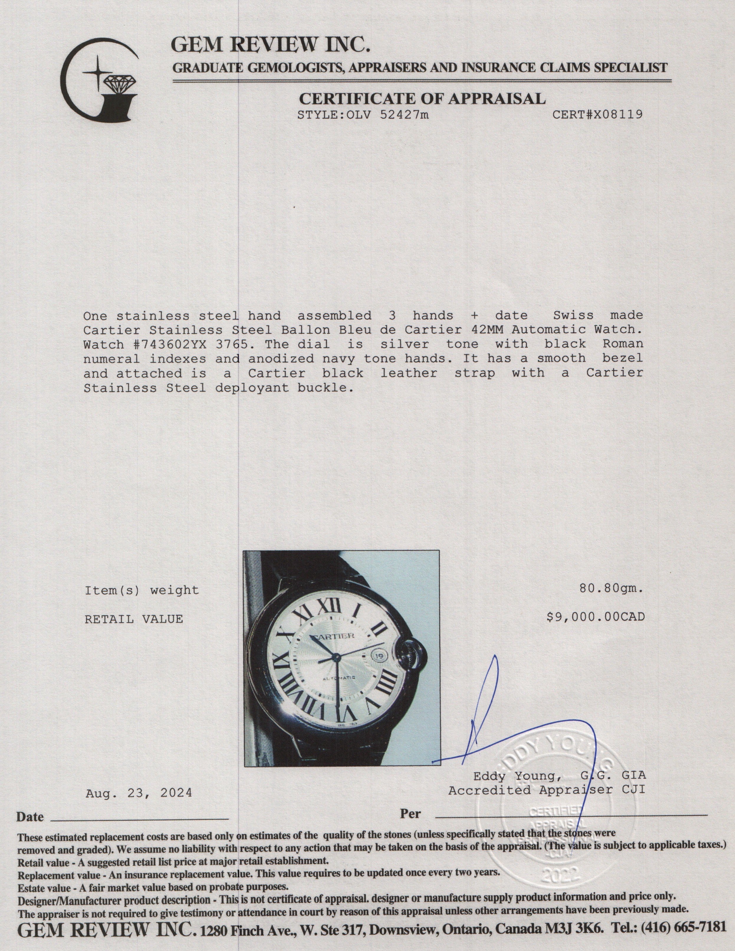 Cartier Stainless Steel Ballon Bleu de Cartier 42MM Automatic Watch 3765 w/ Box