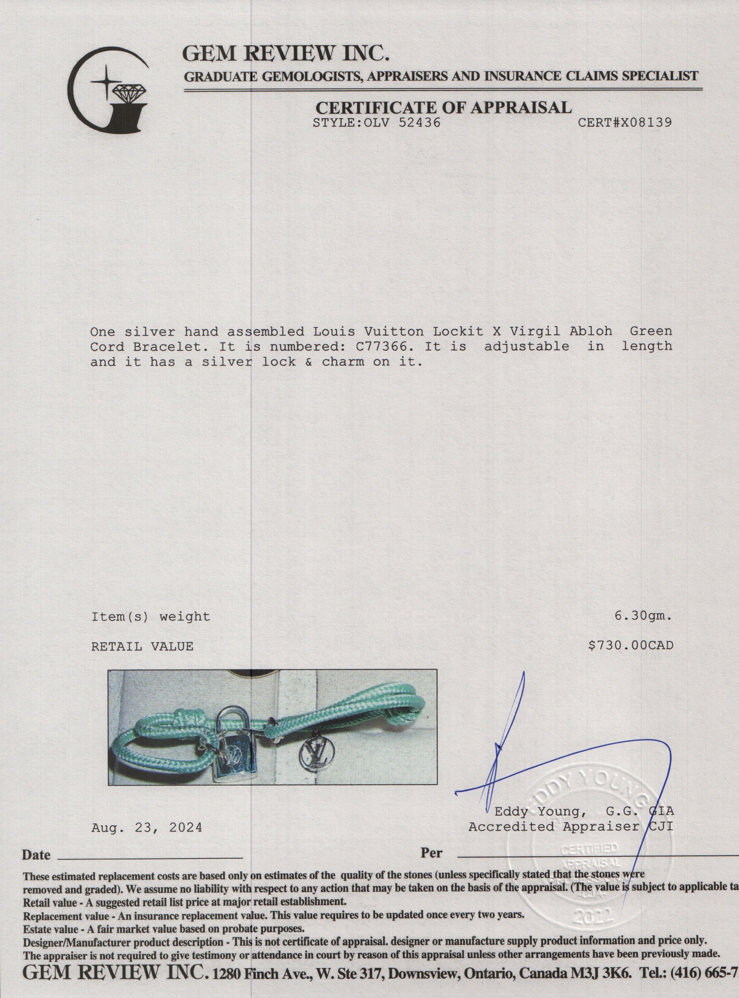 Louis Vuitton Sterling Silver Lockit X Virgil Abloh Green Cord Bracelet