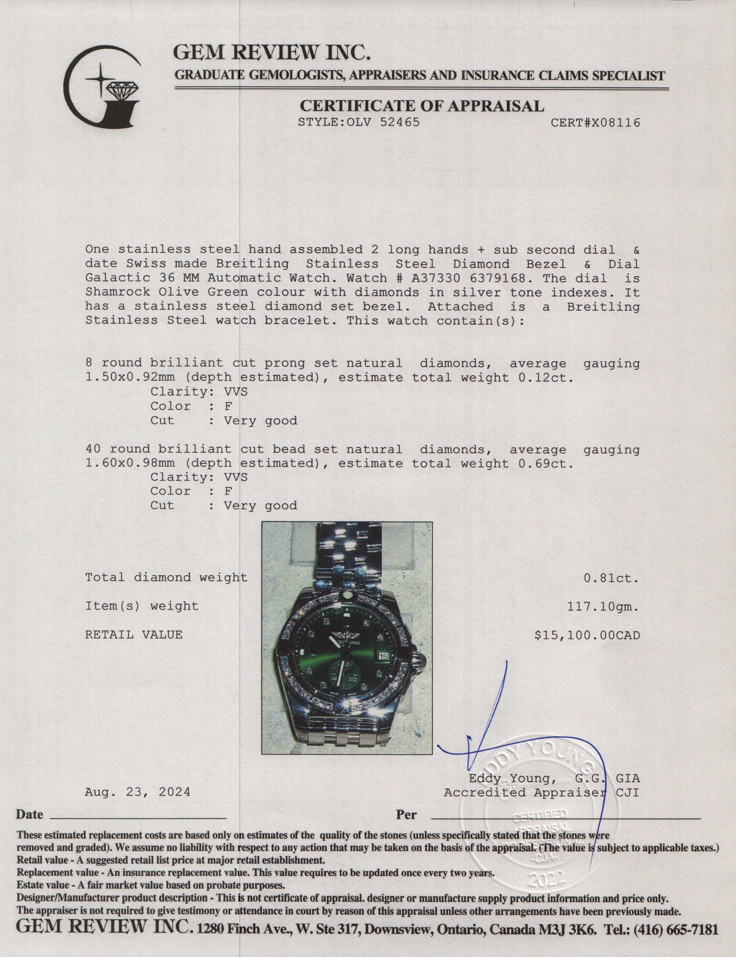 Breitling Stainless Steel Diamond Bezel & Shamrock Olive Green Diamond Dial Galactic 36 MM Automatic Watch w/ Box