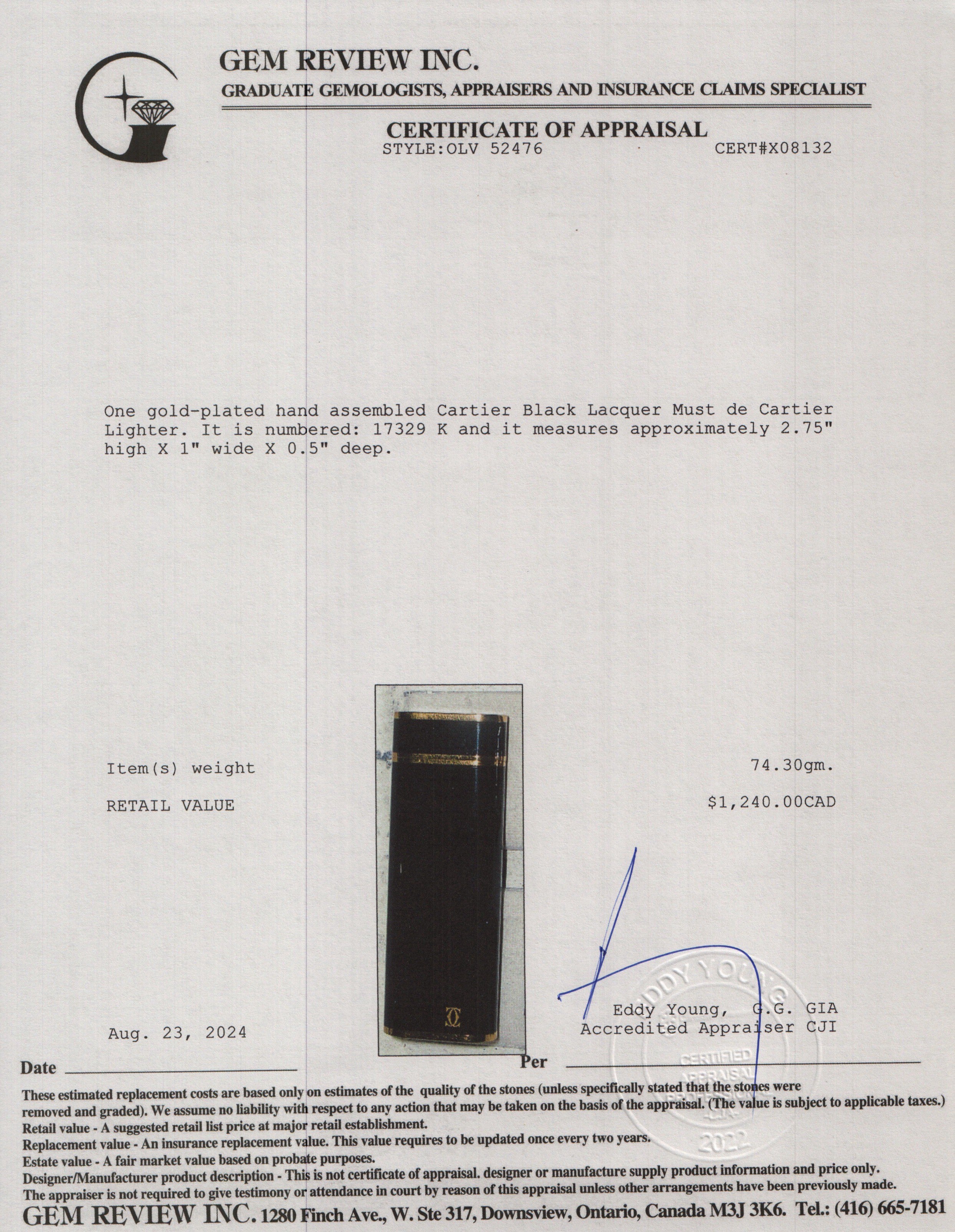 Cartier Gold-Plated Black Lacquer Must de Cartier Lighter w/ Box & Papers