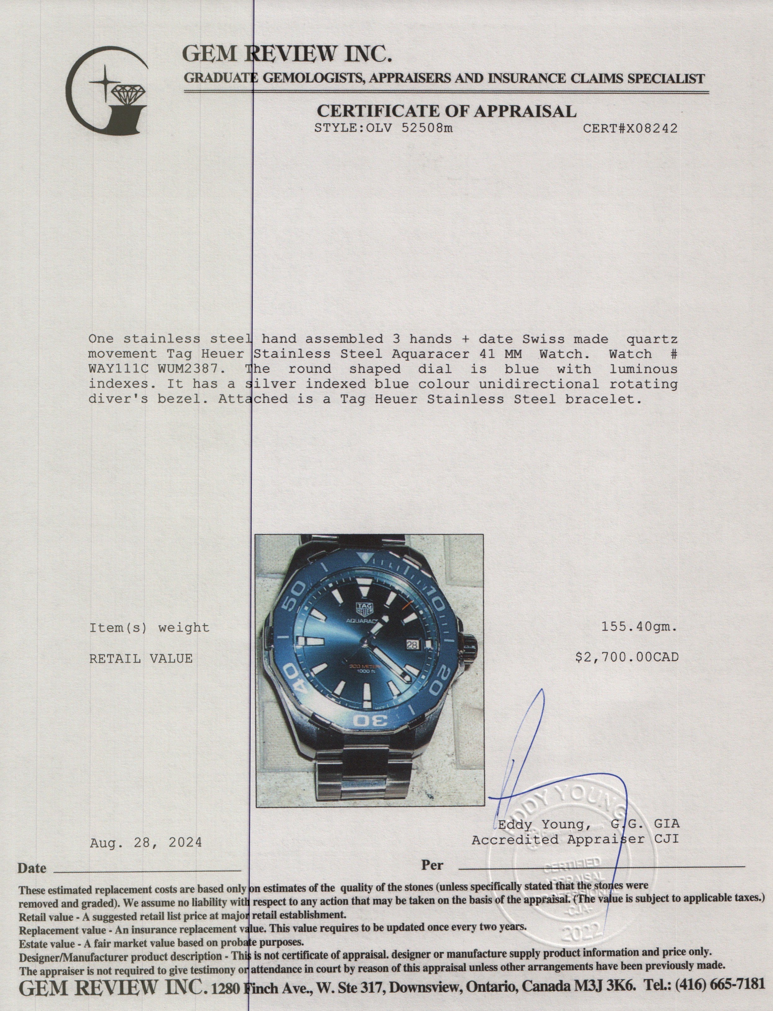 Tag Heuer Stainless Steel Aquaracer 41 MM Watch WAY111C