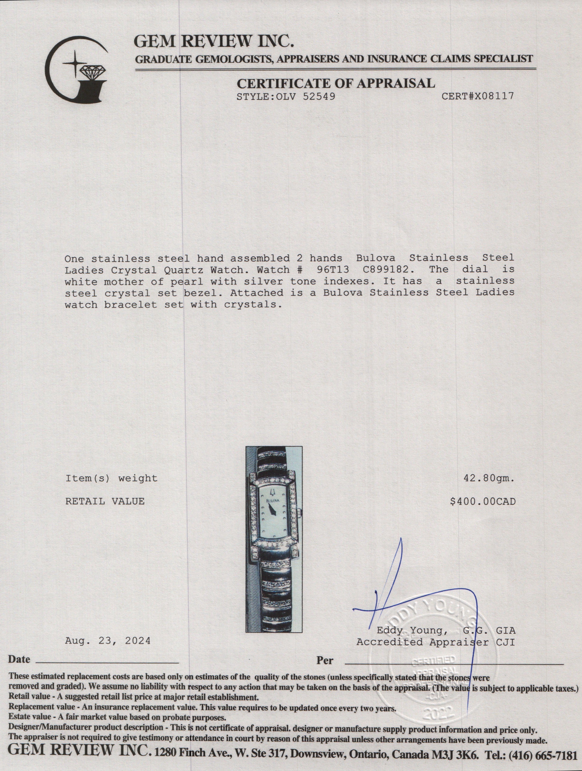 Bulova Stainless Steel Ladies Crystal Quartz Watch 96T13