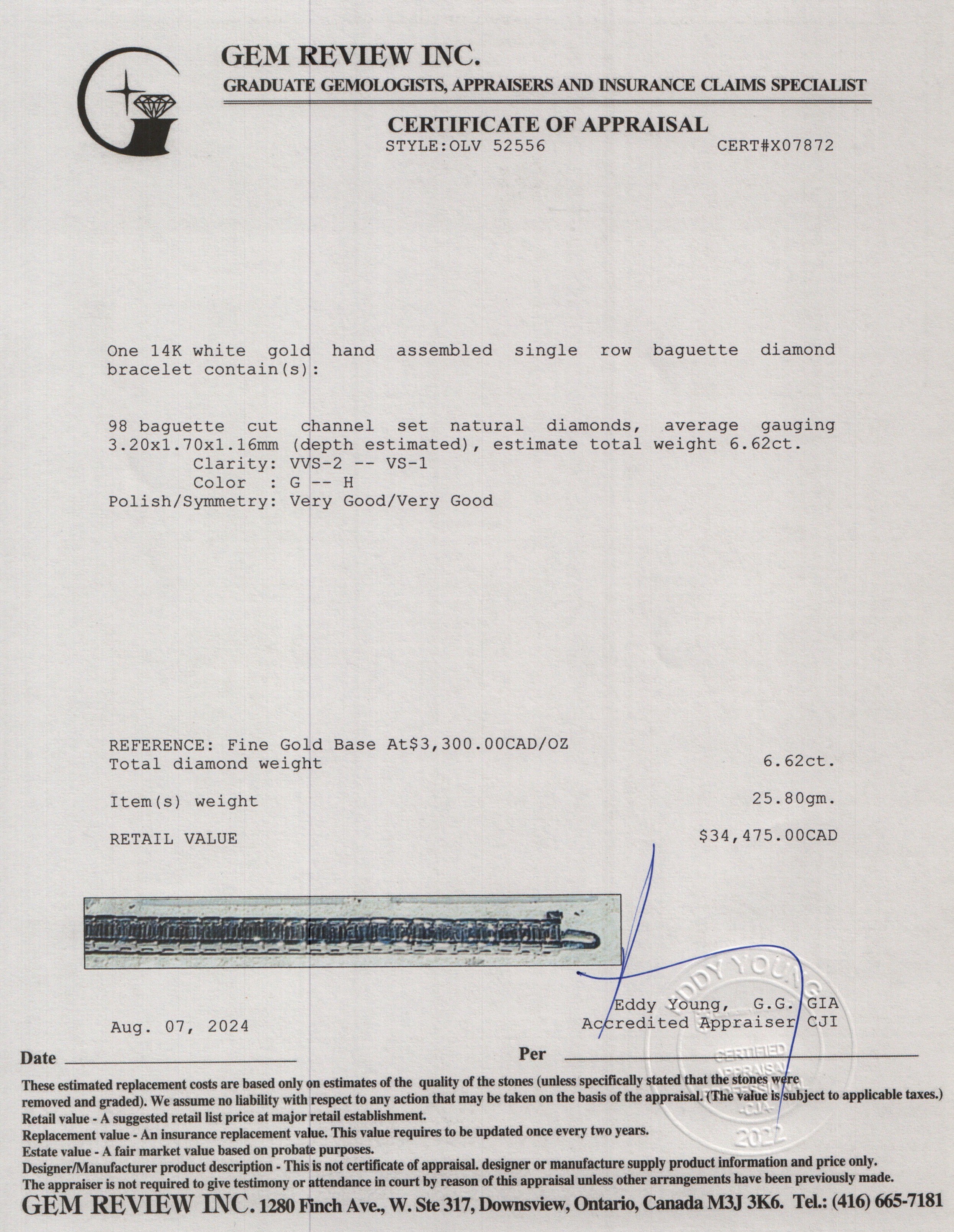 14k White Gold 6.62 tcw. Baguette Diamond Tennis Bracelet